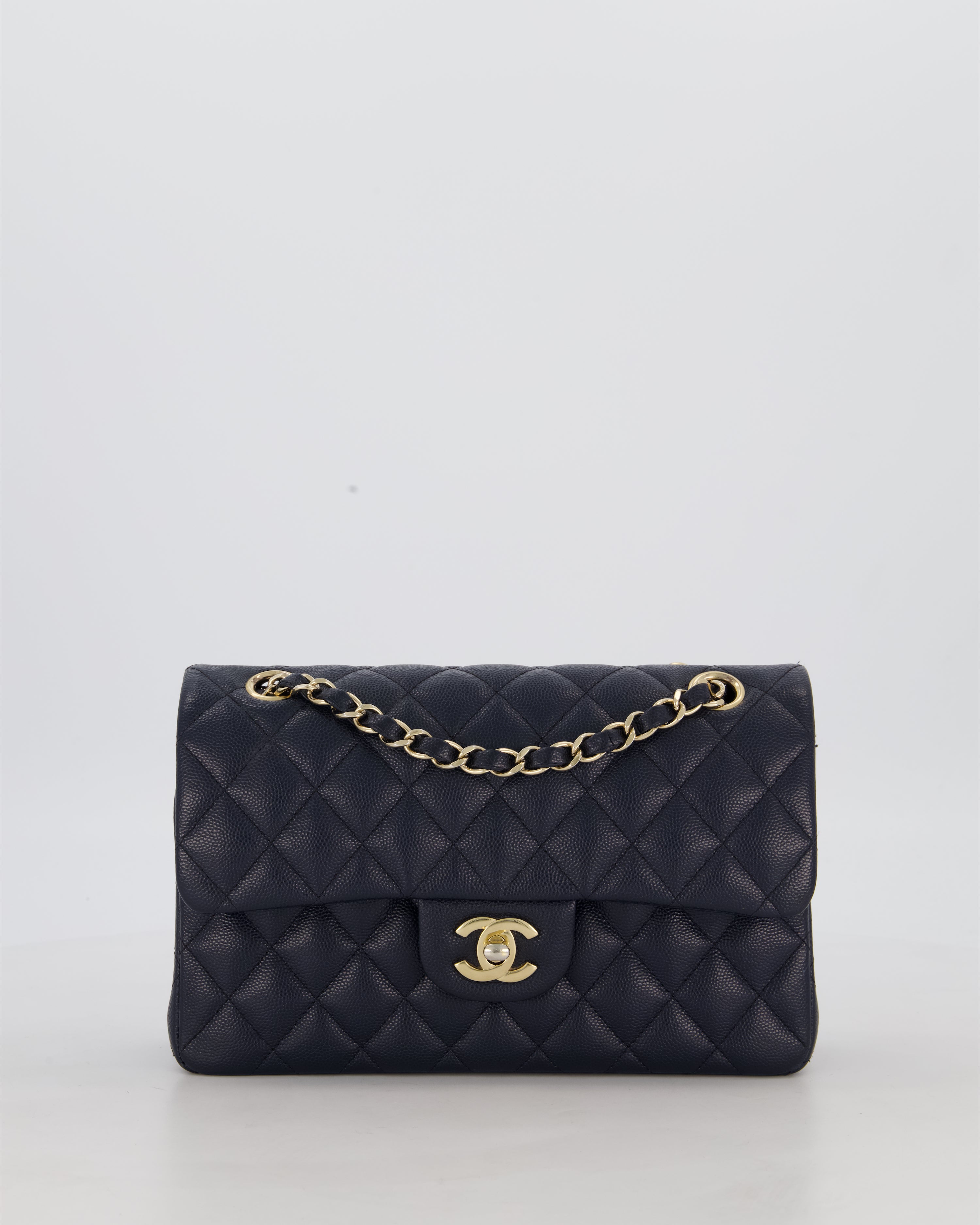 Chanel Navy Small Classic Double Flap Bag in Caviar Leather with Champagne Gold Hardware