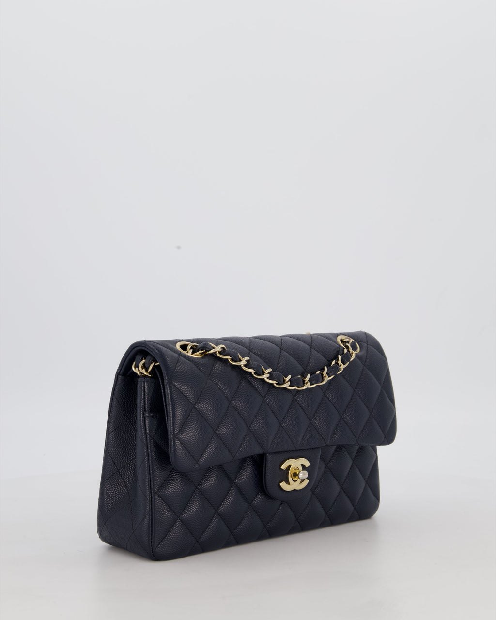 Chanel Navy Small Classic Double Flap Bag in Caviar Leather with Champagne Gold Hardware