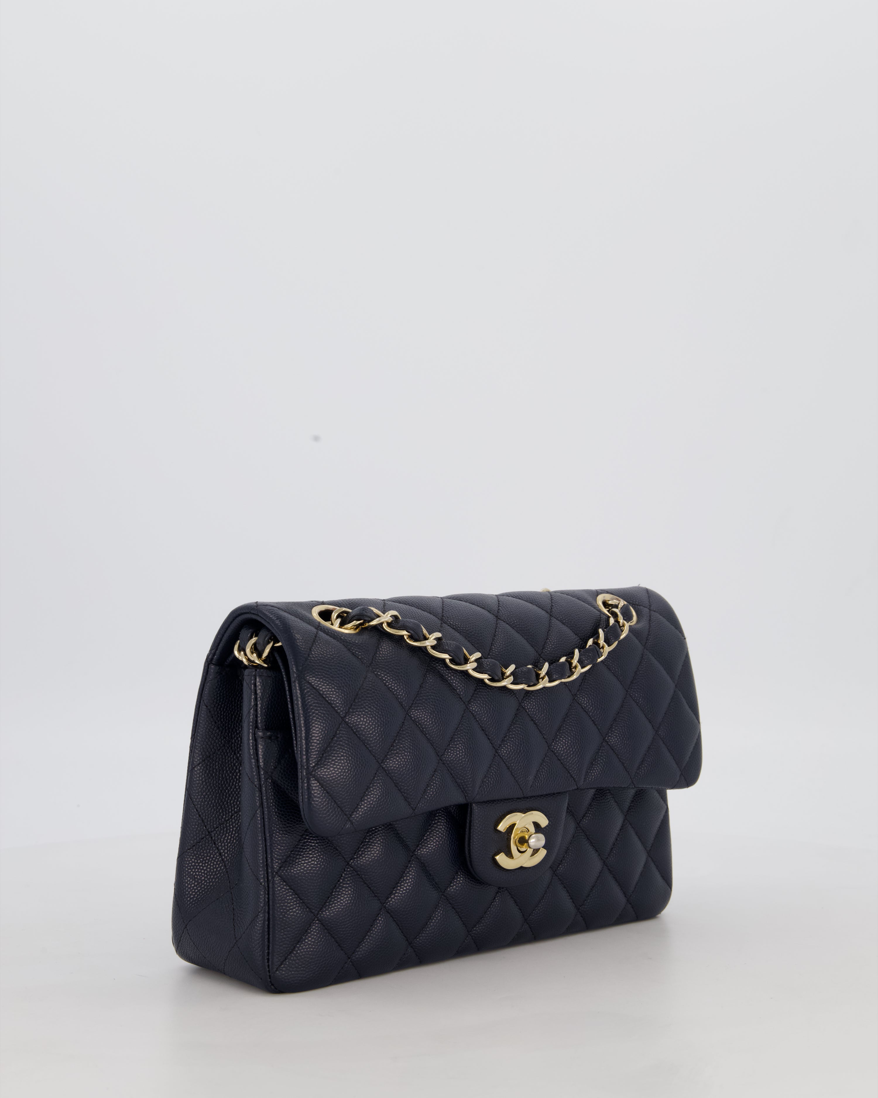 Chanel Navy Small Classic Double Flap Bag in Caviar Leather with Champagne Gold Hardware
