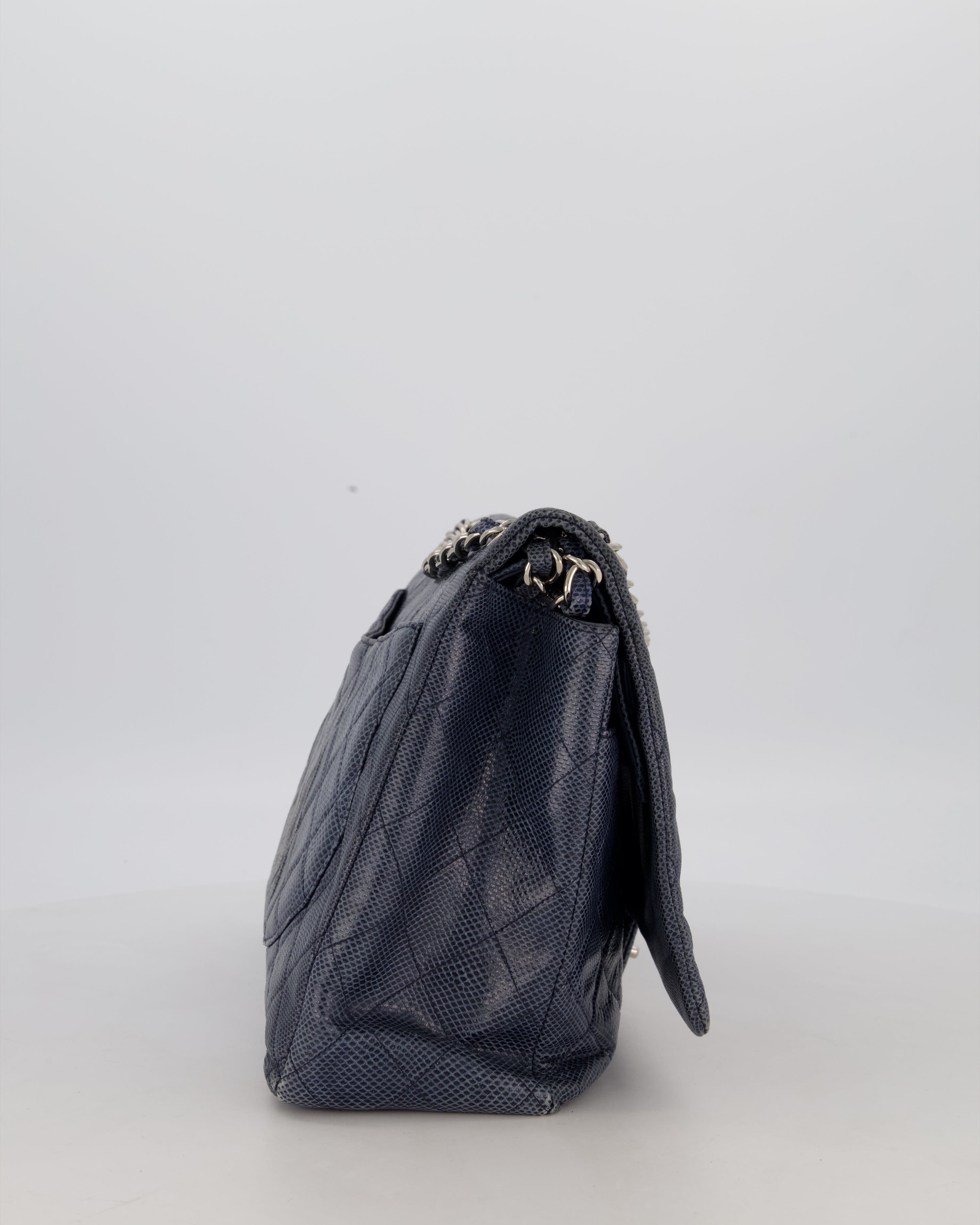 Chanel Blue Classic Maxi Double Flap in Exotic Python Leather with Silver Hardware