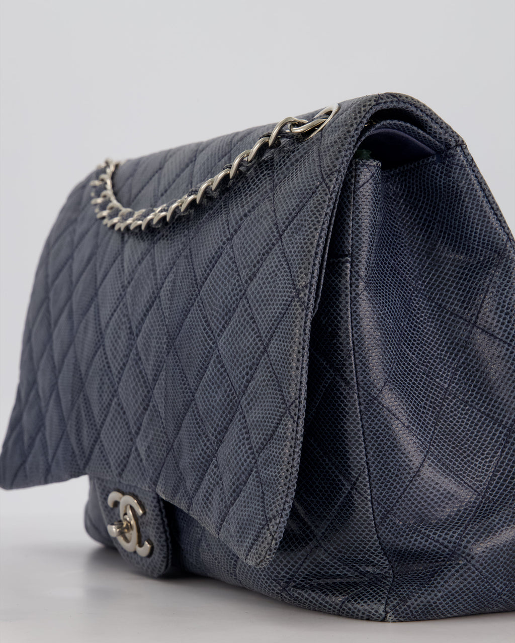 Chanel Blue Classic Maxi Double Flap in Exotic Python Leather with Silver Hardware