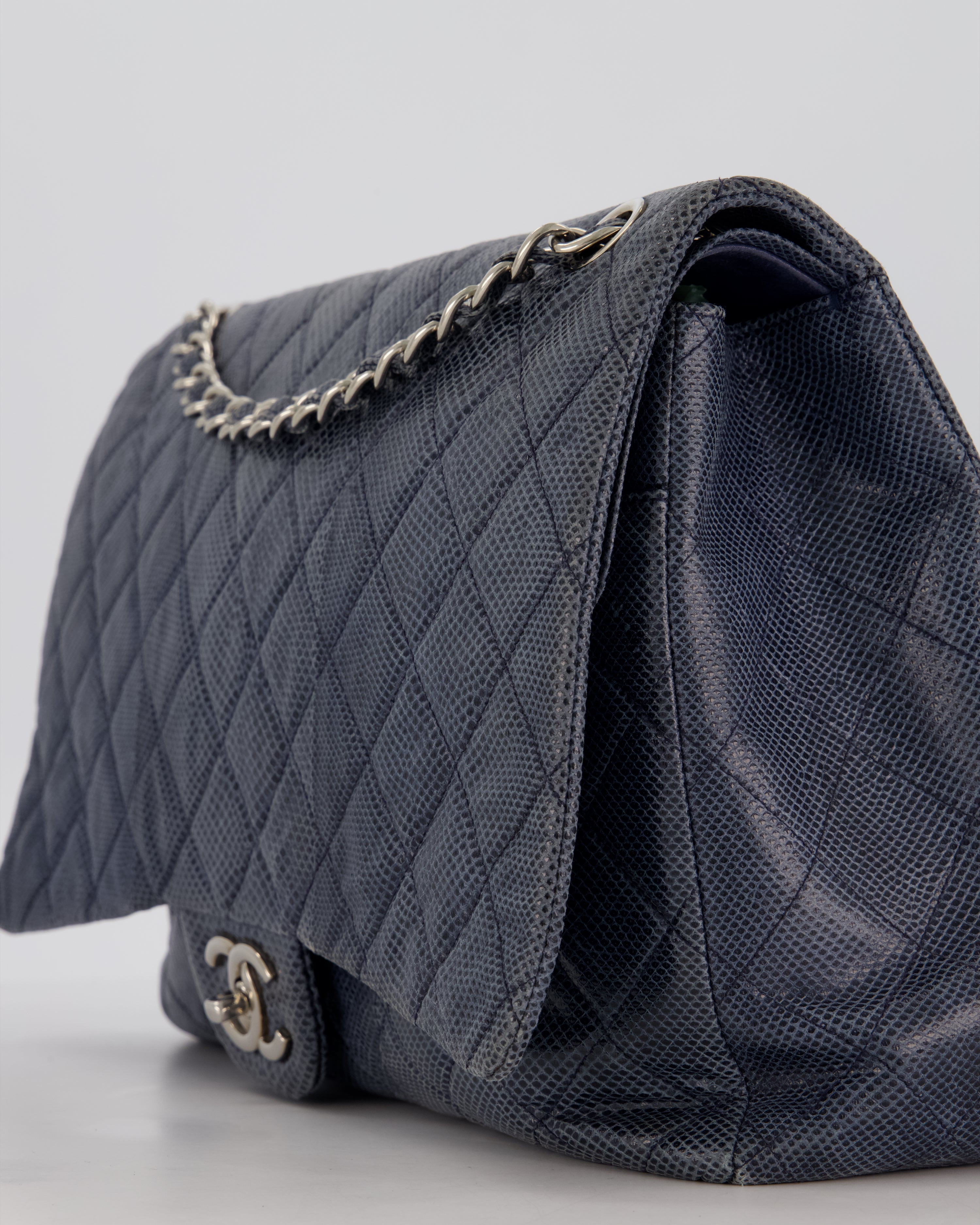 Chanel Blue Classic Maxi Double Flap in Exotic Python Leather with Silver Hardware