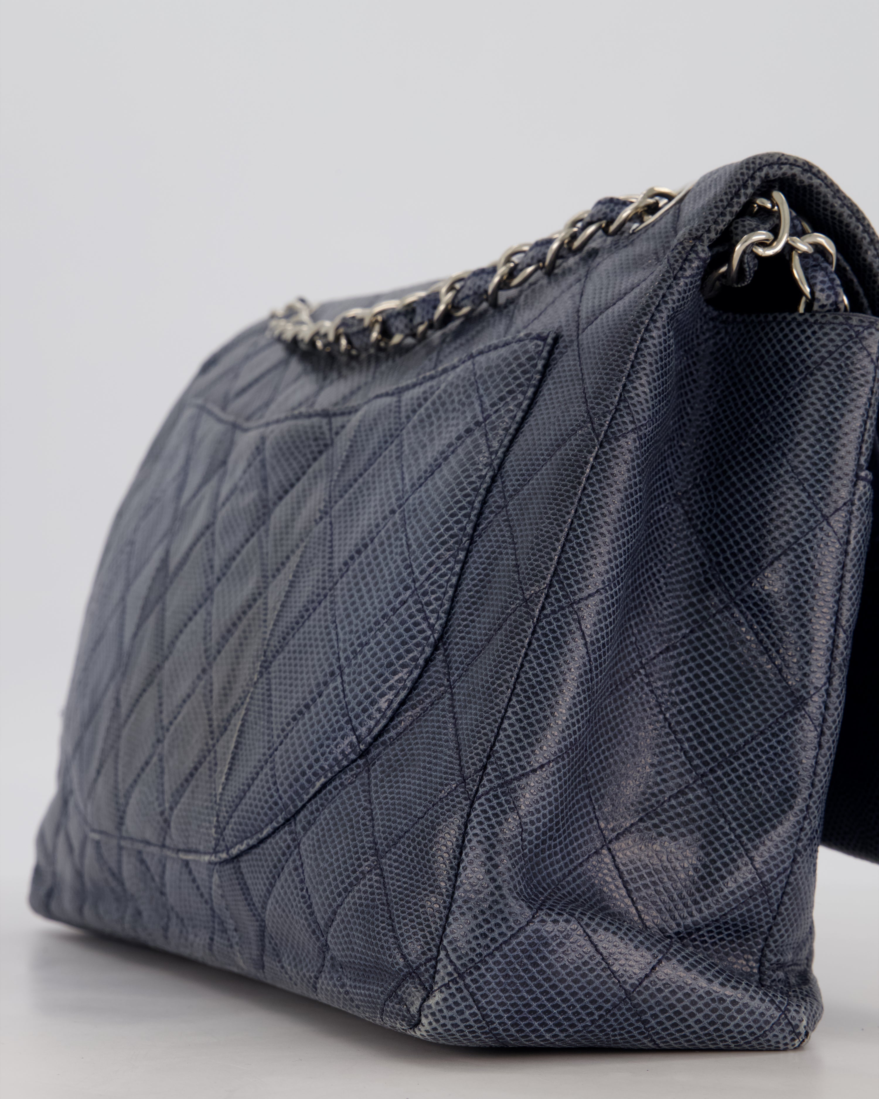 Chanel Blue Classic Maxi Double Flap in Exotic Python Leather with Silver Hardware