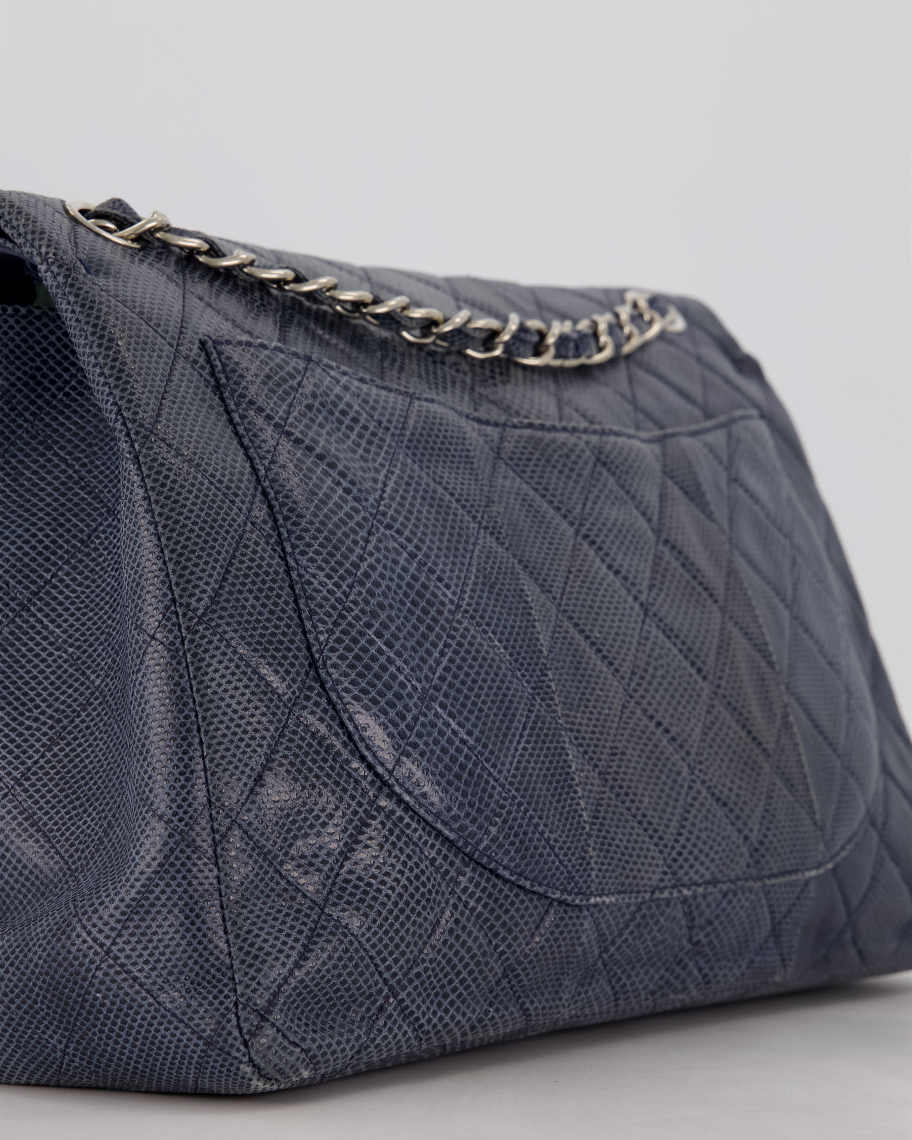 Chanel Blue Classic Maxi Double Flap in Exotic Python Leather with Silver Hardware