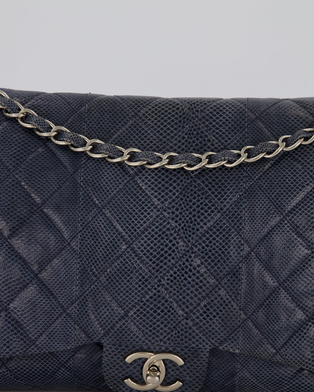 Chanel Blue Classic Maxi Double Flap in Exotic Python Leather with Silver Hardware