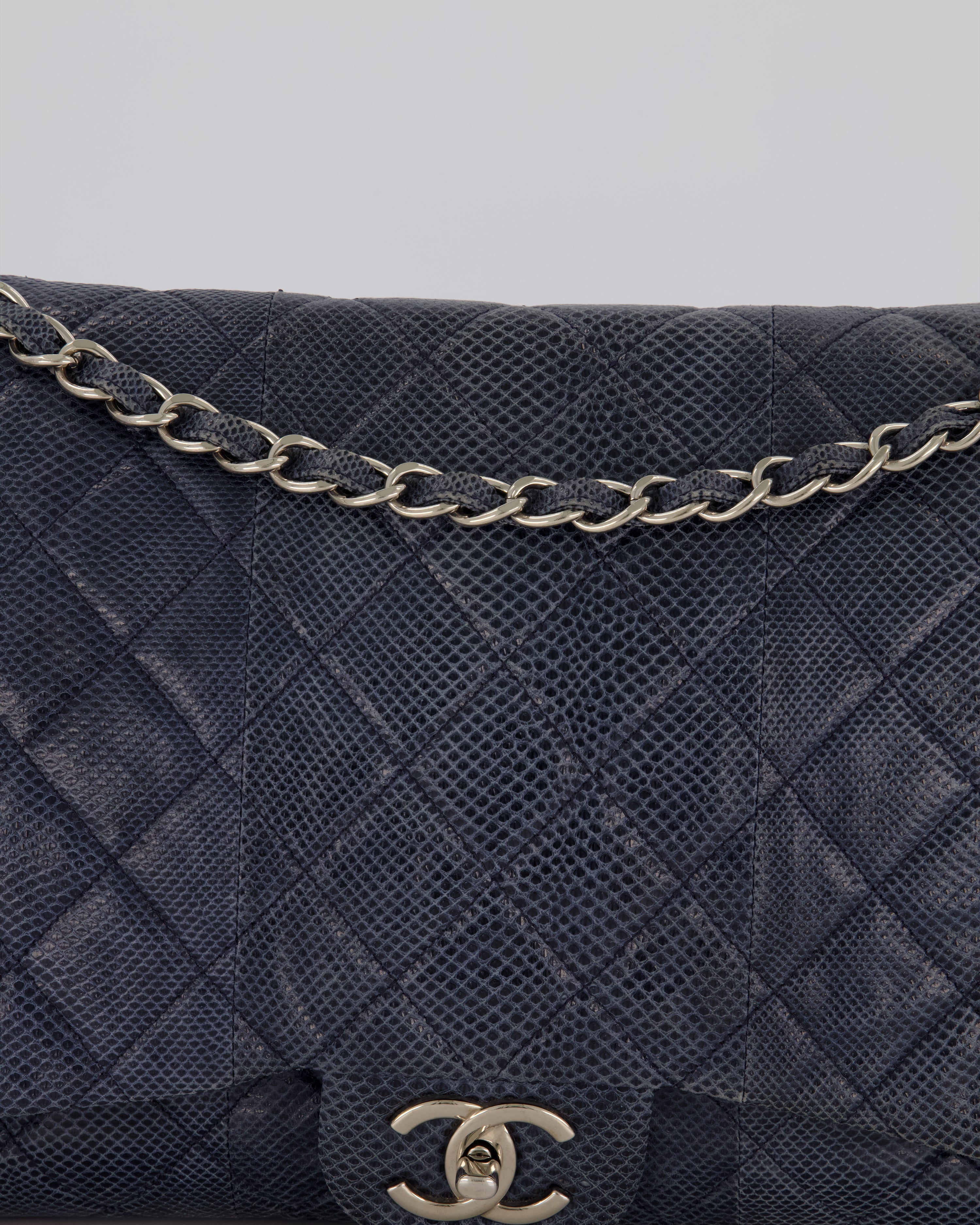 Chanel Blue Classic Maxi Double Flap in Exotic Python Leather with Silver Hardware