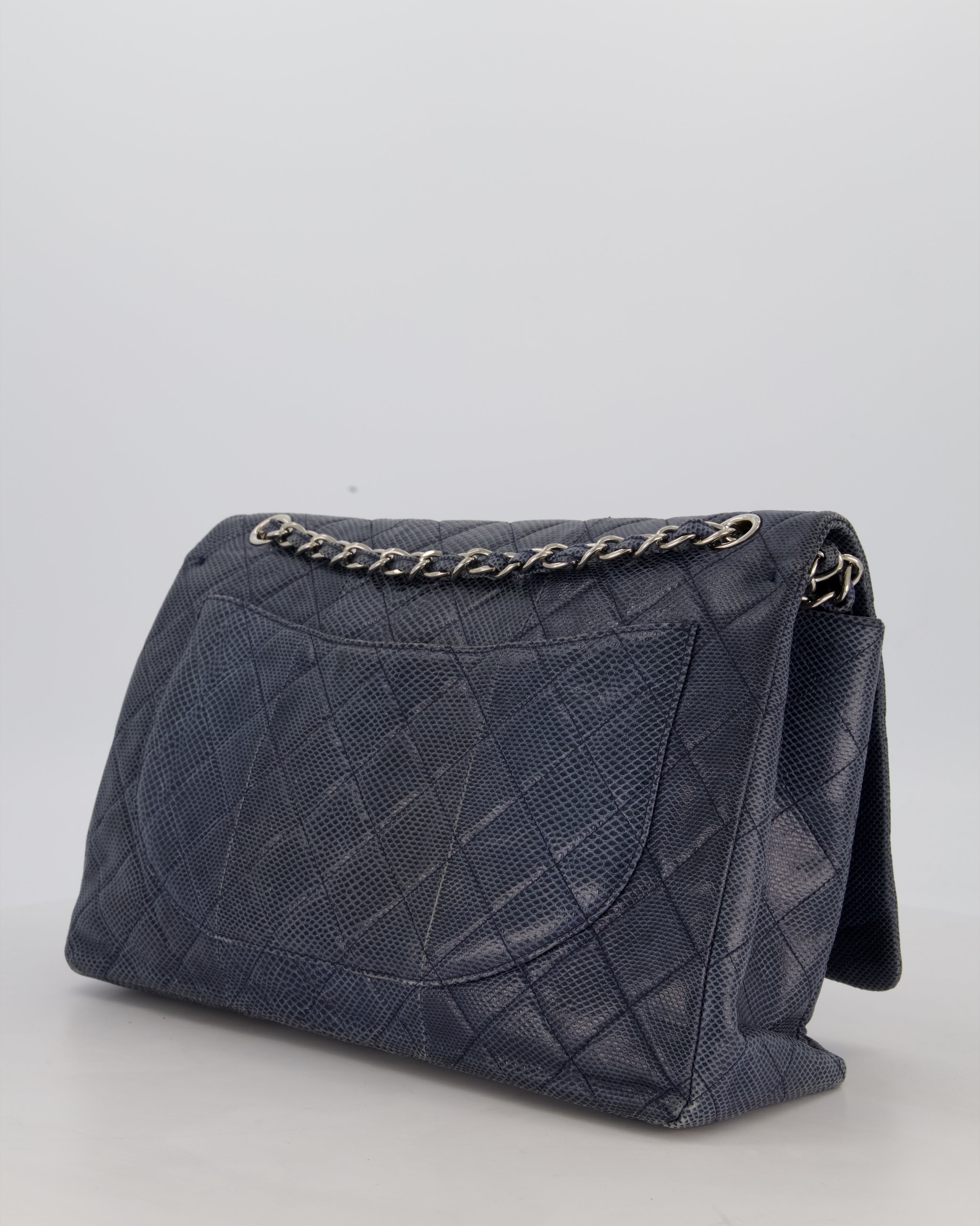 Chanel Blue Classic Maxi Double Flap in Exotic Python Leather with Silver Hardware