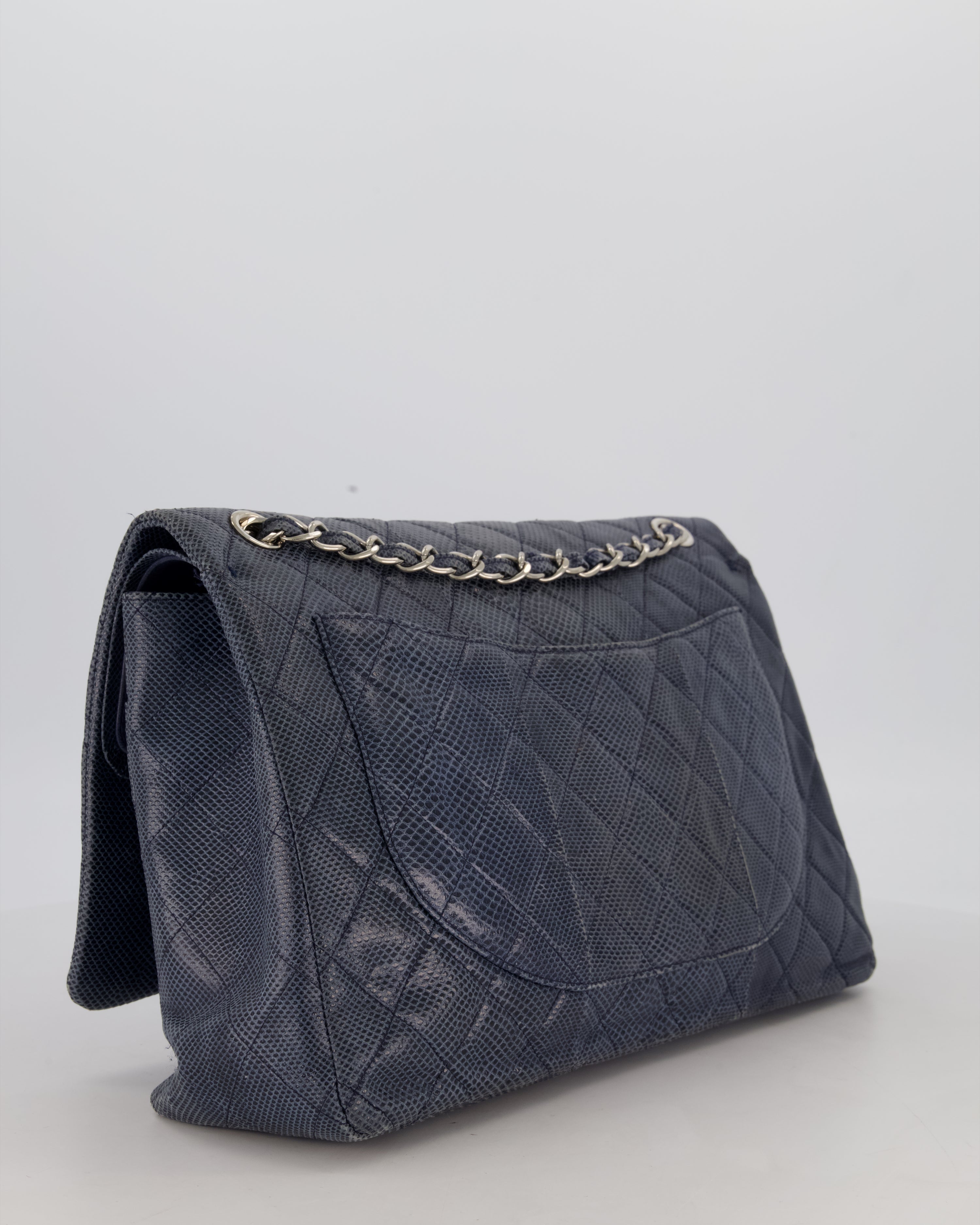 Chanel Blue Classic Maxi Double Flap in Exotic Python Leather with Silver Hardware