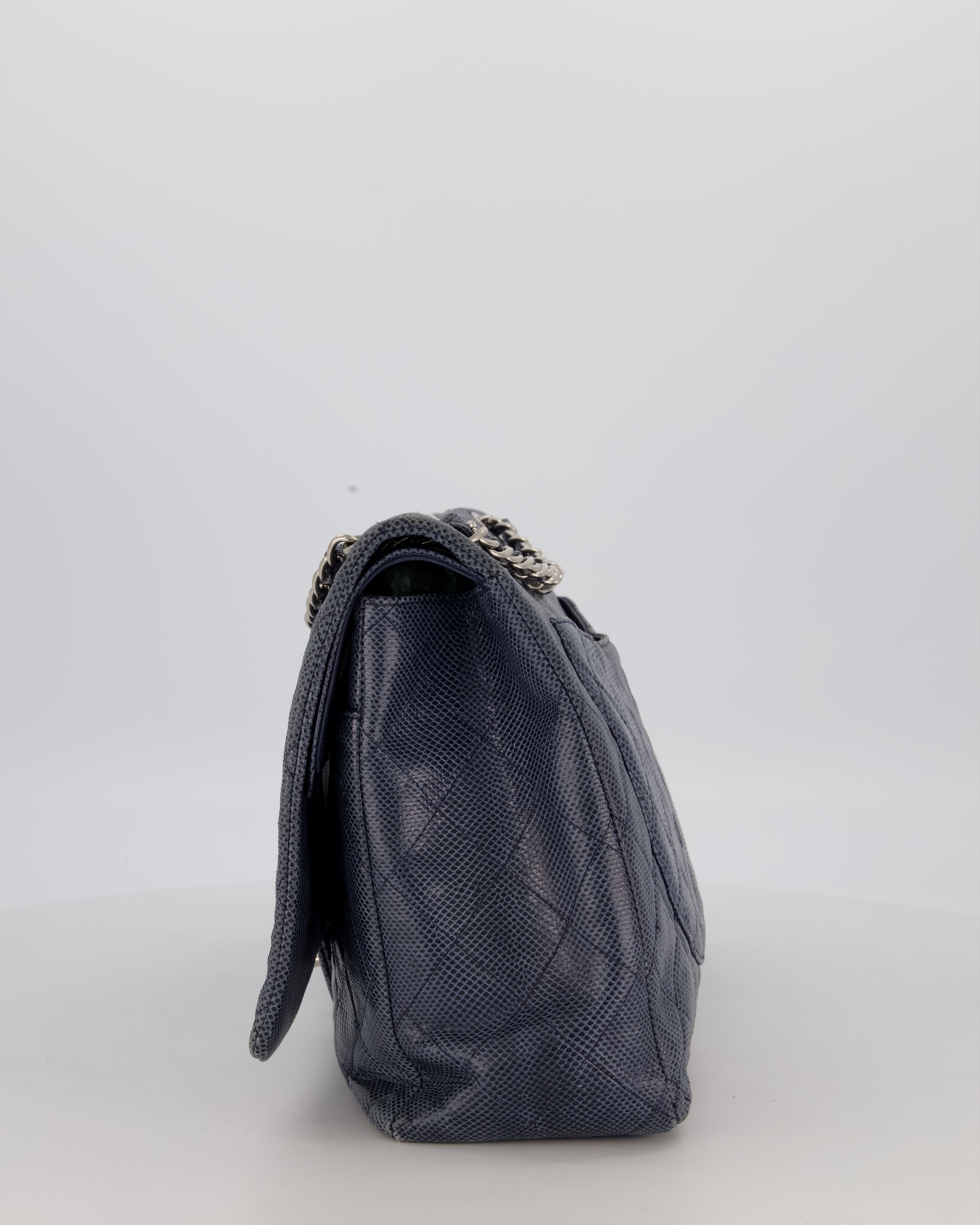 Chanel Blue Classic Maxi Double Flap in Exotic Python Leather with Silver Hardware