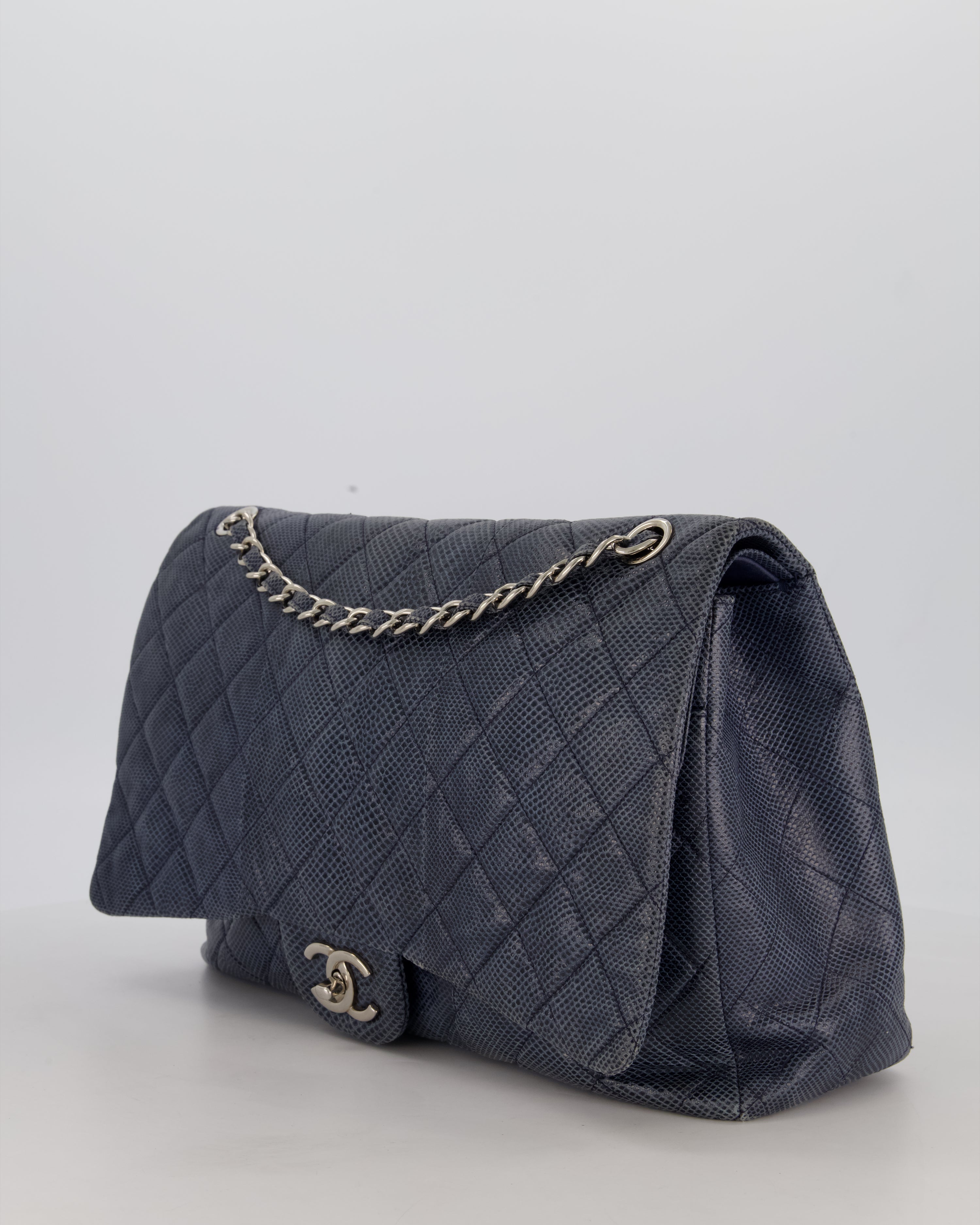 Chanel Blue Classic Maxi Double Flap in Exotic Python Leather with Silver Hardware