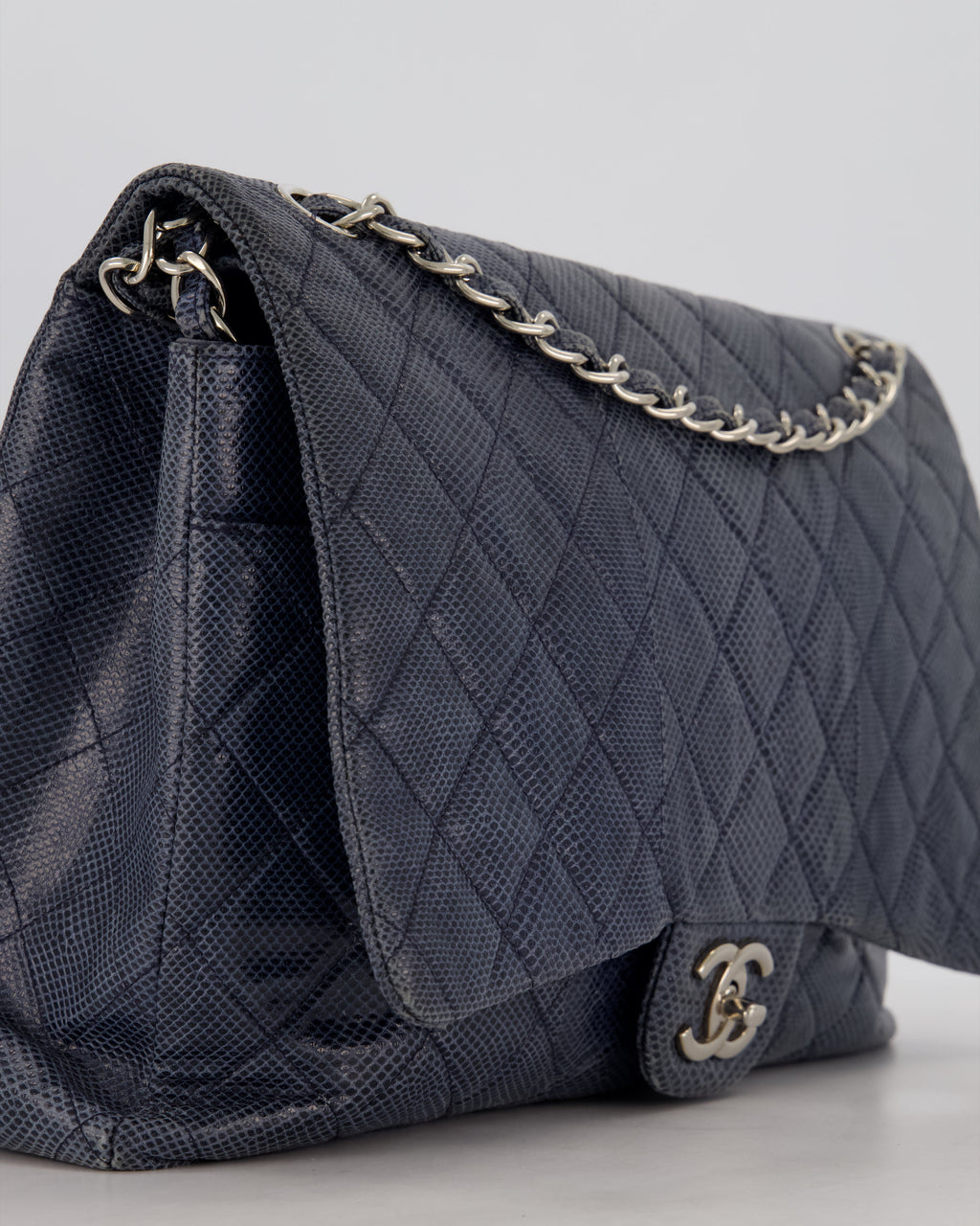 Chanel Blue Classic Maxi Double Flap in Exotic Python Leather with Silver Hardware