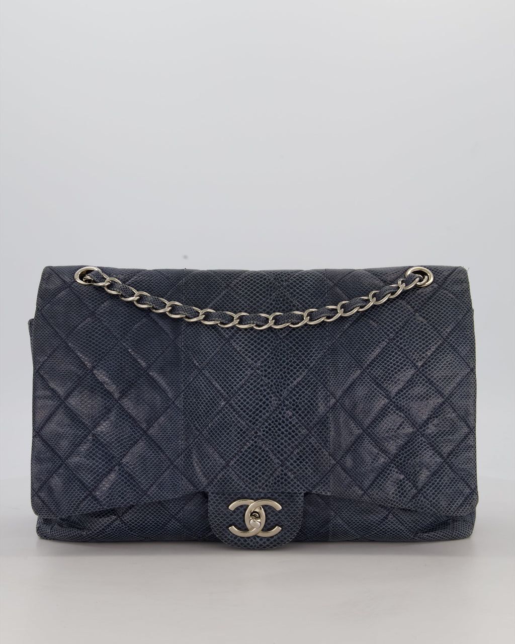 Chanel Blue Classic Maxi Double Flap in Exotic Python Leather with Silver Hardware