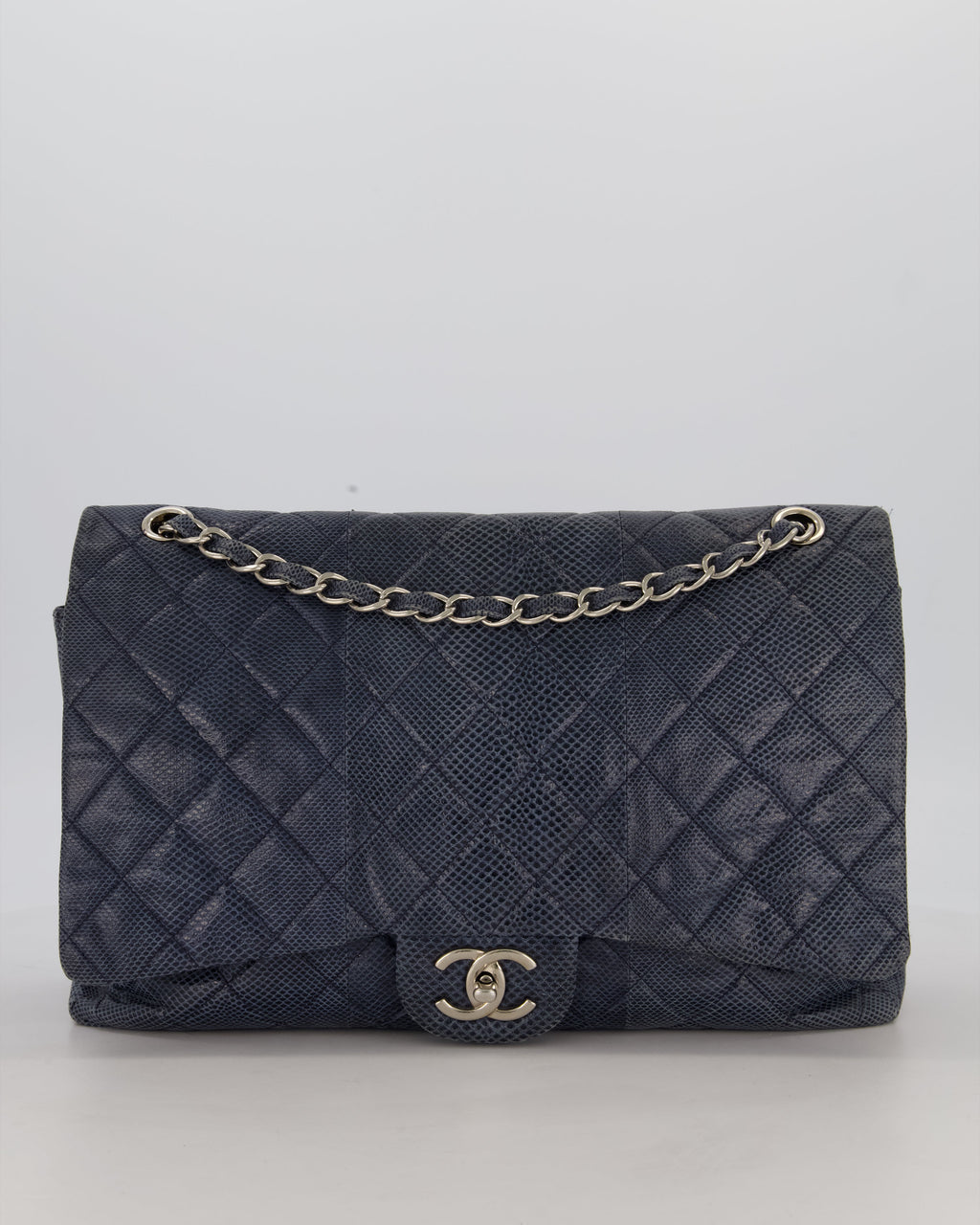 Chanel Blue Classic Maxi Double Flap in Exotic Python Leather with Silver Hardware