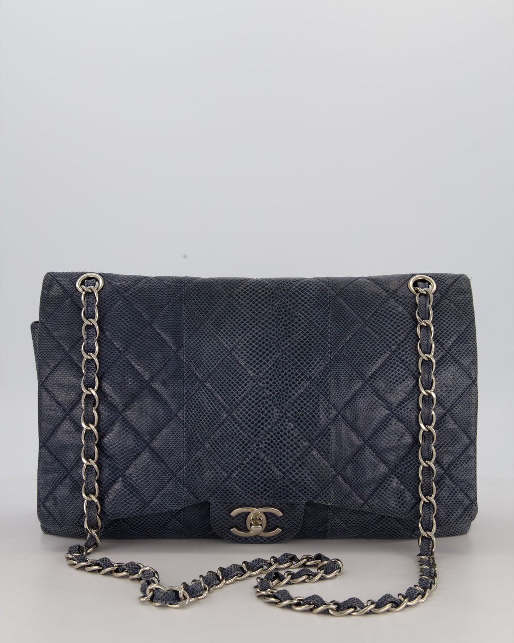 Chanel Blue Classic Maxi Double Flap in Exotic Python Leather with Silver Hardware