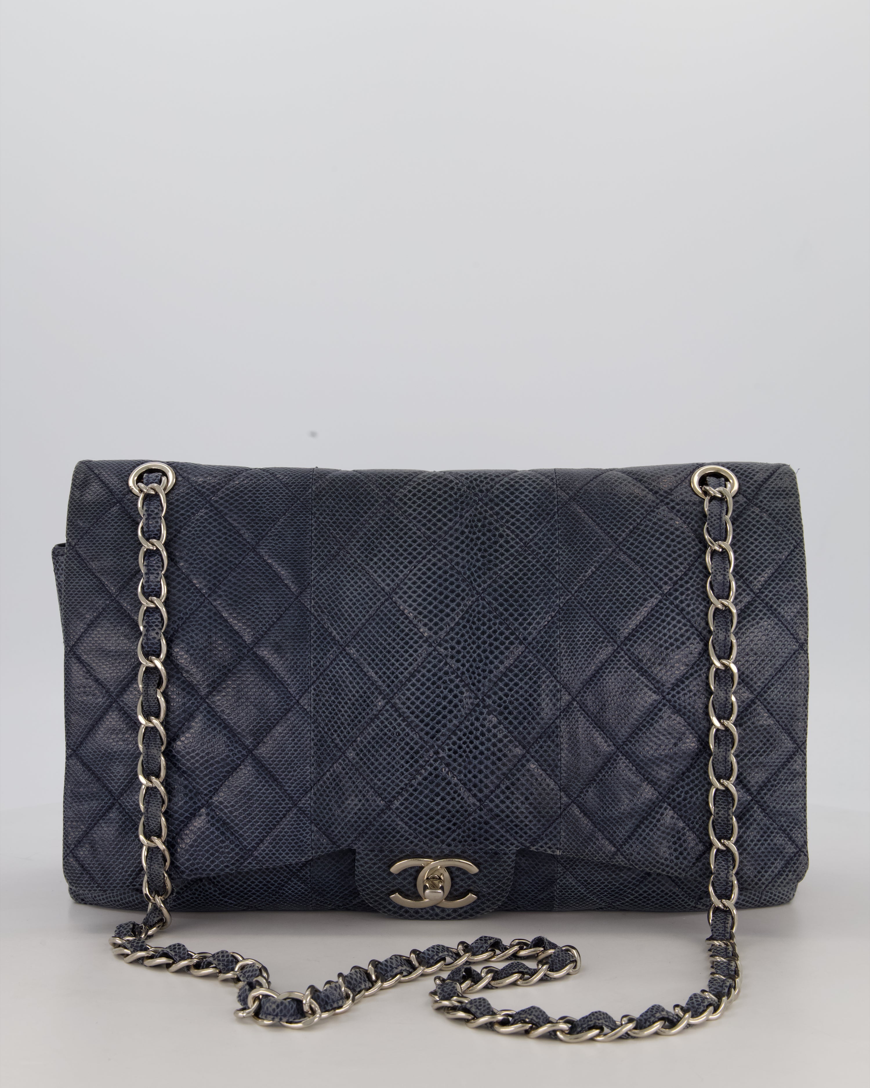 Chanel Blue Classic Maxi Double Flap in Exotic Python Leather with Silver Hardware