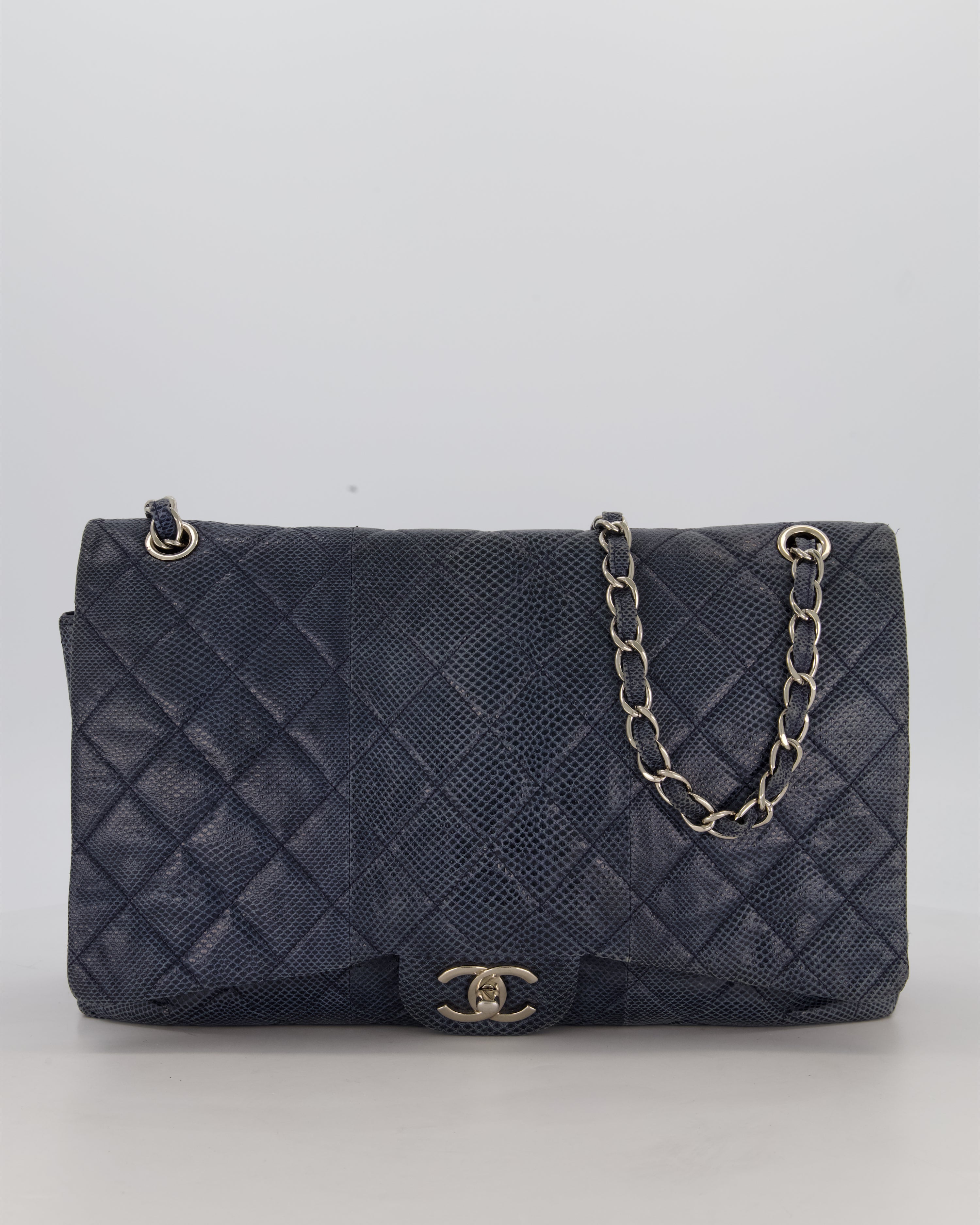 Chanel Blue Classic Maxi Double Flap in Exotic Python Leather with Silver Hardware