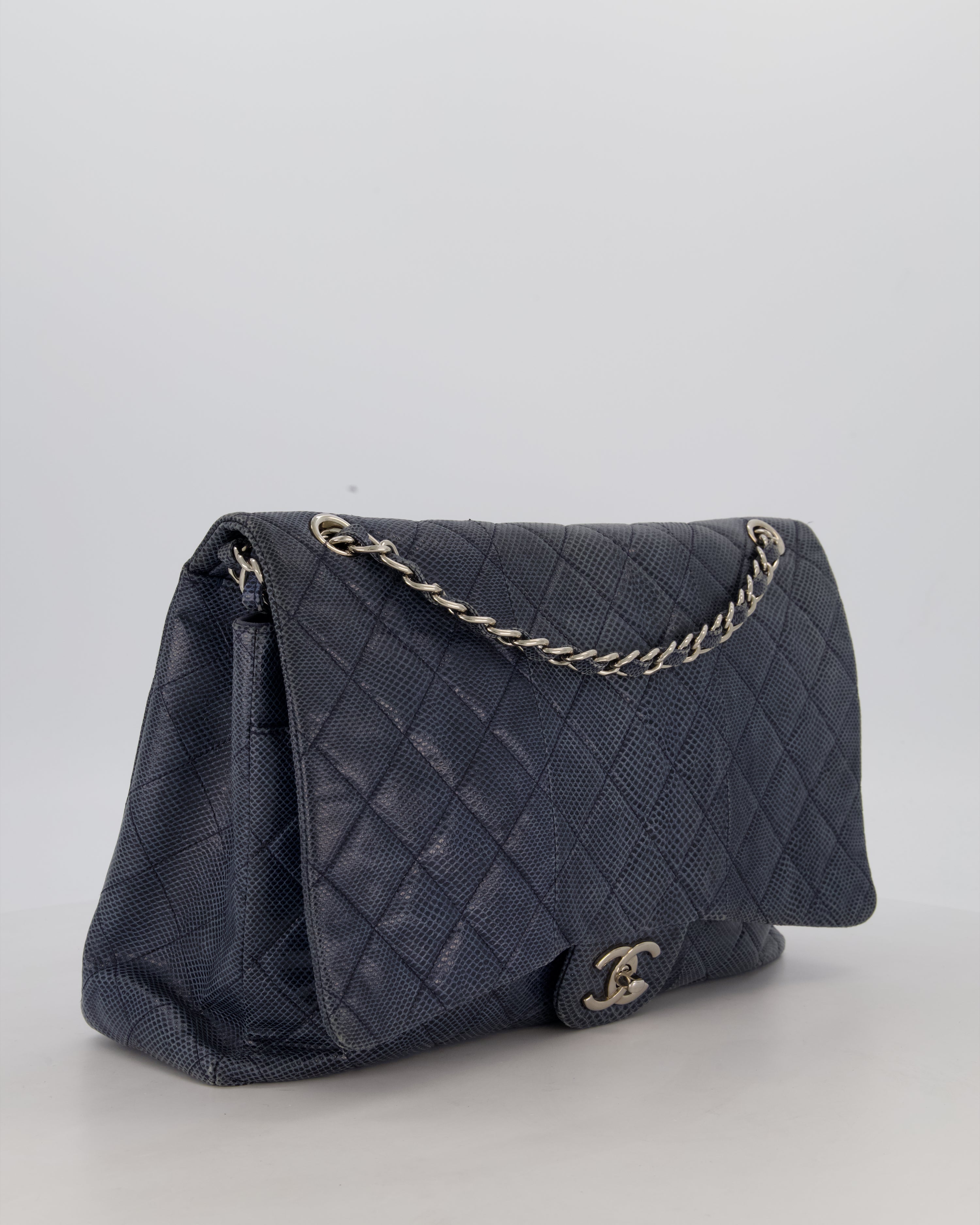 Chanel Blue Classic Maxi Double Flap in Exotic Python Leather with Silver Hardware
