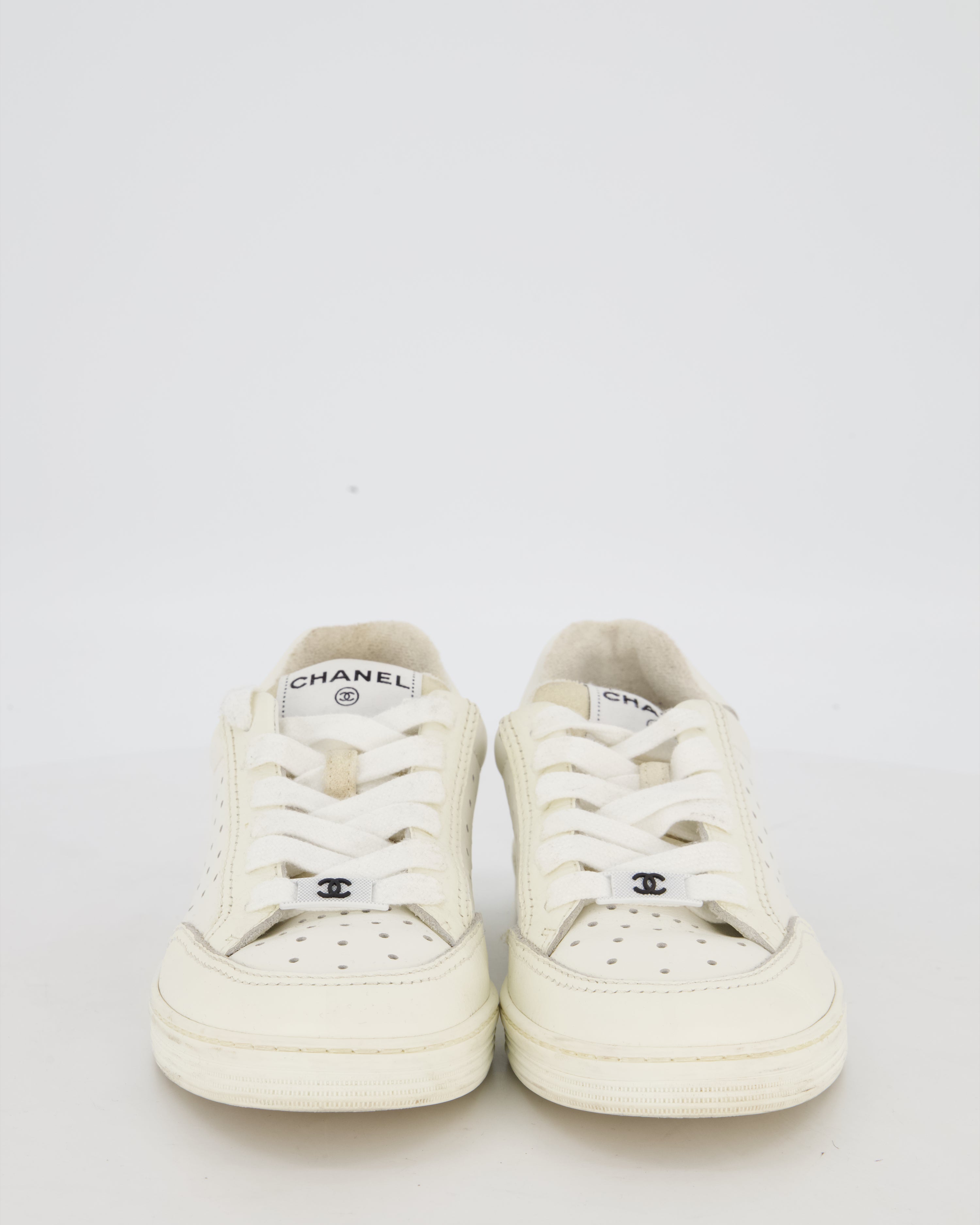 Chanel White Low Top Trainers in Perforated Calfskin Leather Size EU 36