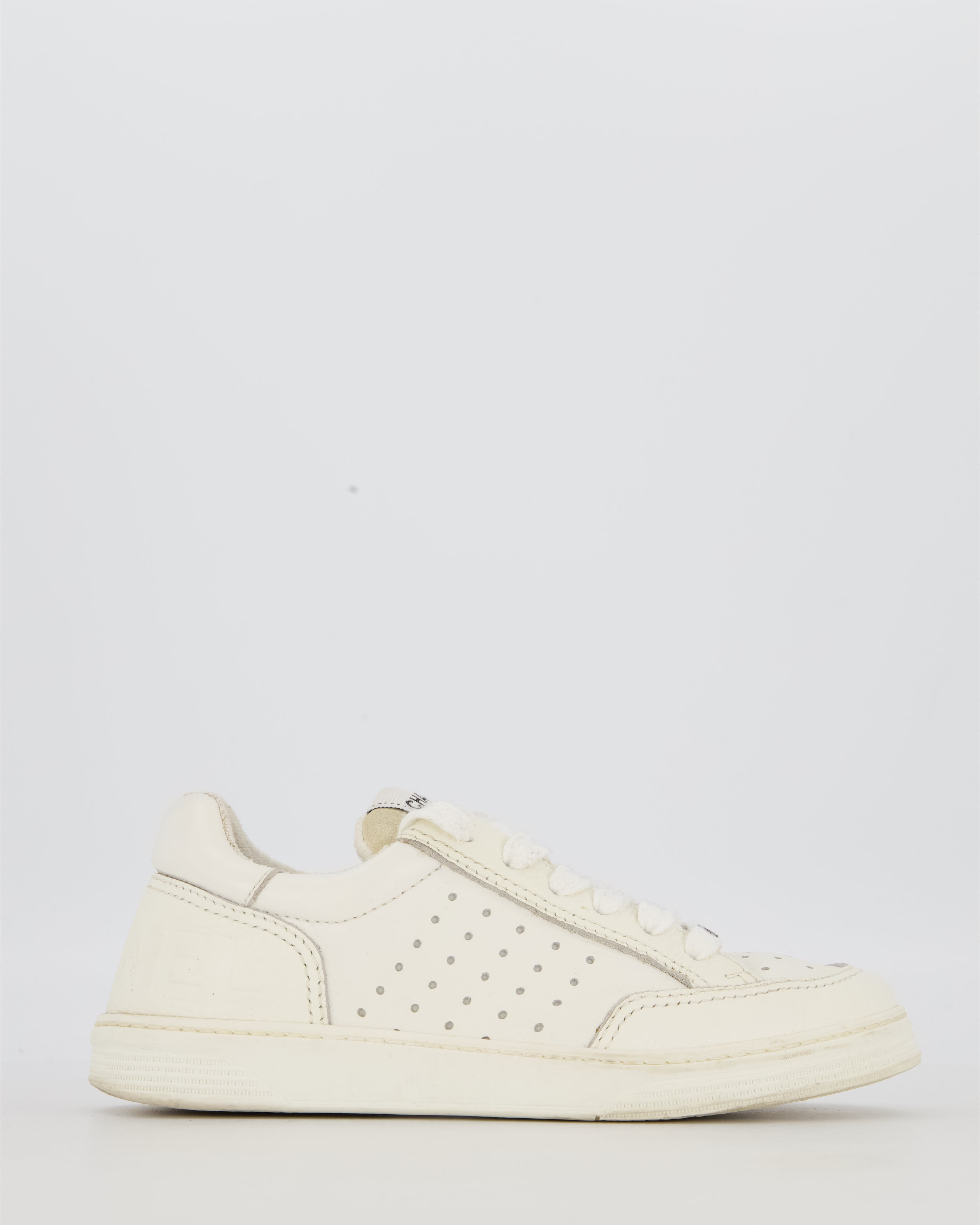 Chanel White Low Top Trainers in Perforated Calfskin Leather Size EU 36