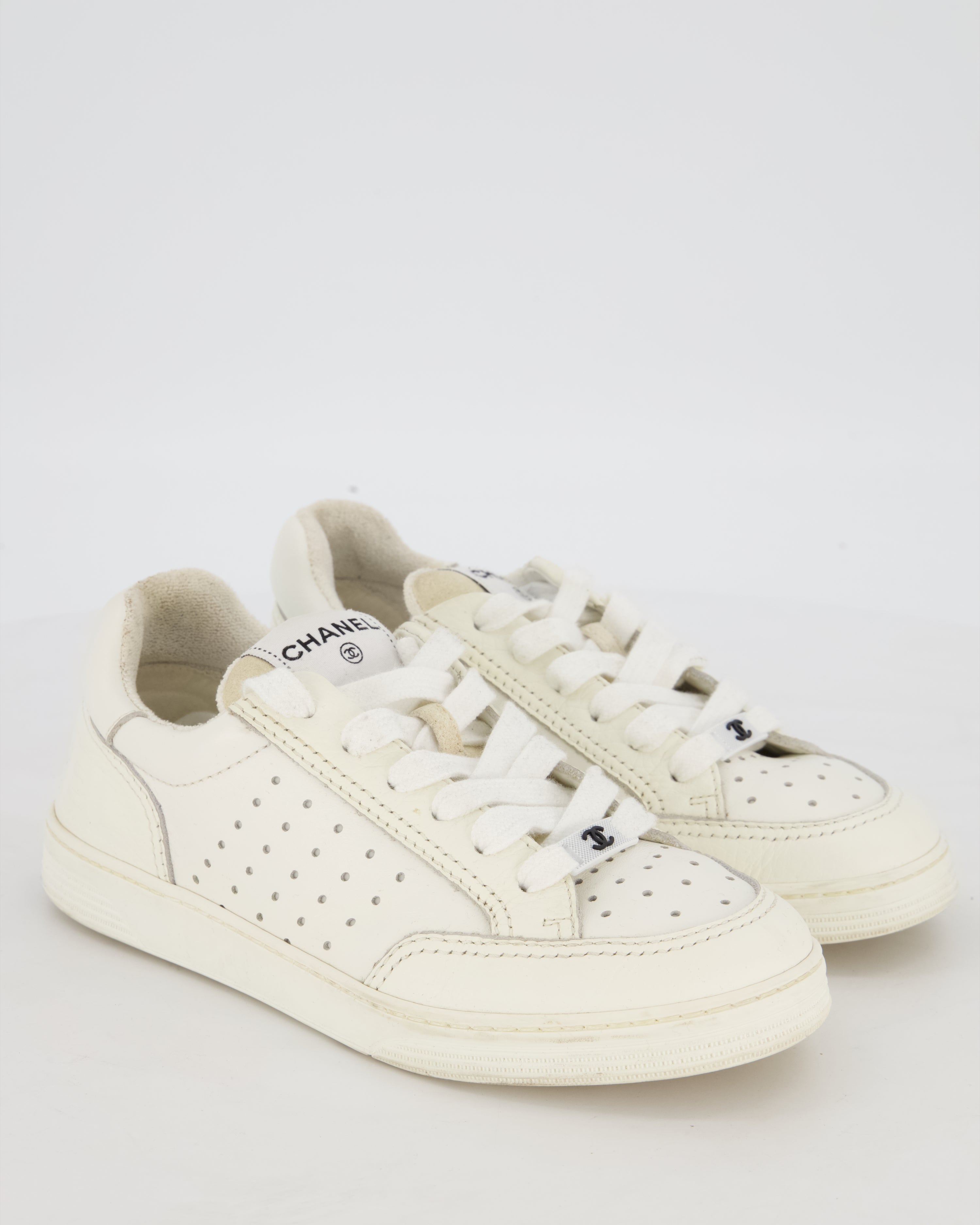 Chanel White Low Top Trainers in Perforated Calfskin Leather Size EU 36