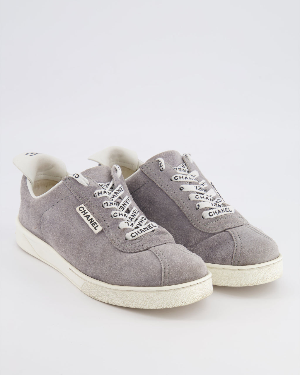 Chanel CC Logo Court Trainers in Grey Suede with White Soles and Black CC Logo Detail Size EU 37.5