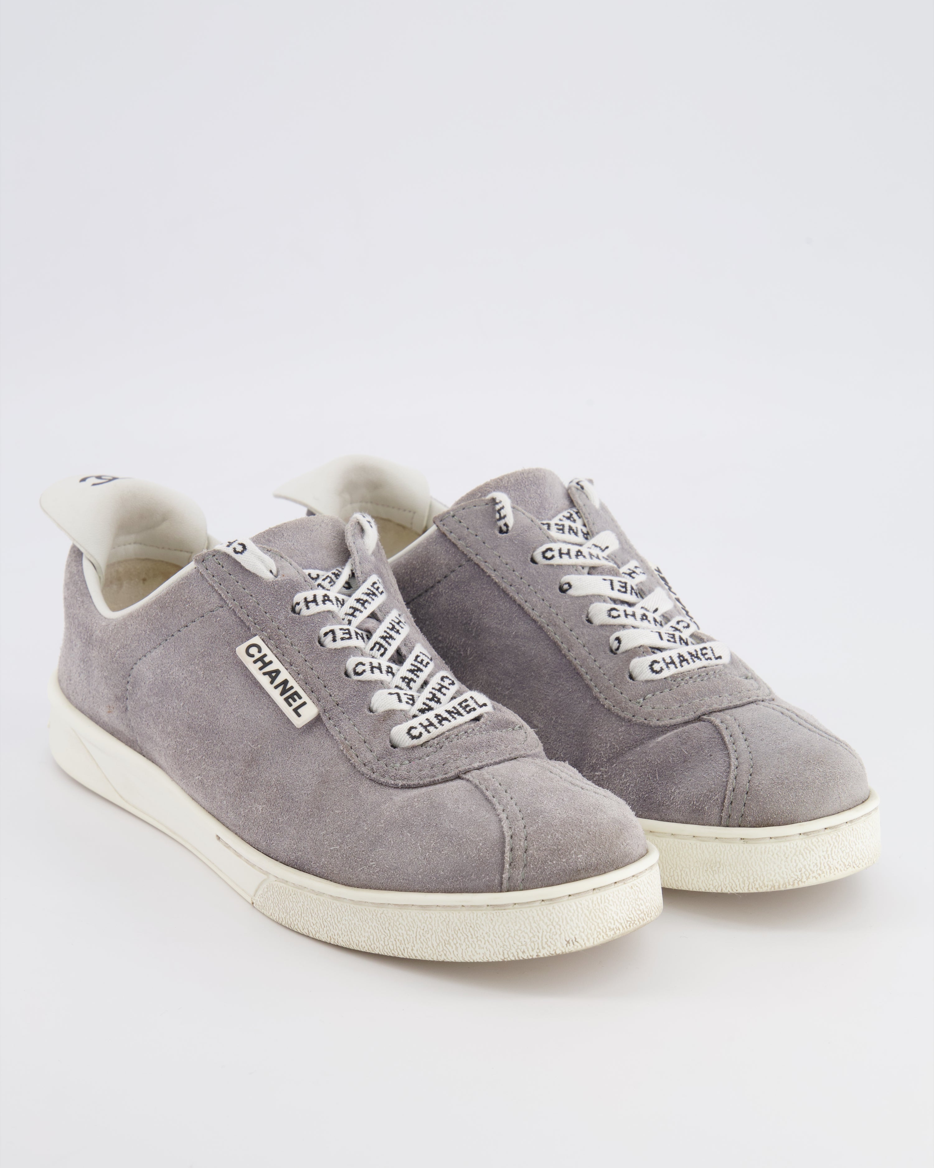 Chanel CC Logo Court Trainers in Grey Suede with White Soles and Black CC Logo Detail Size EU 37.5
