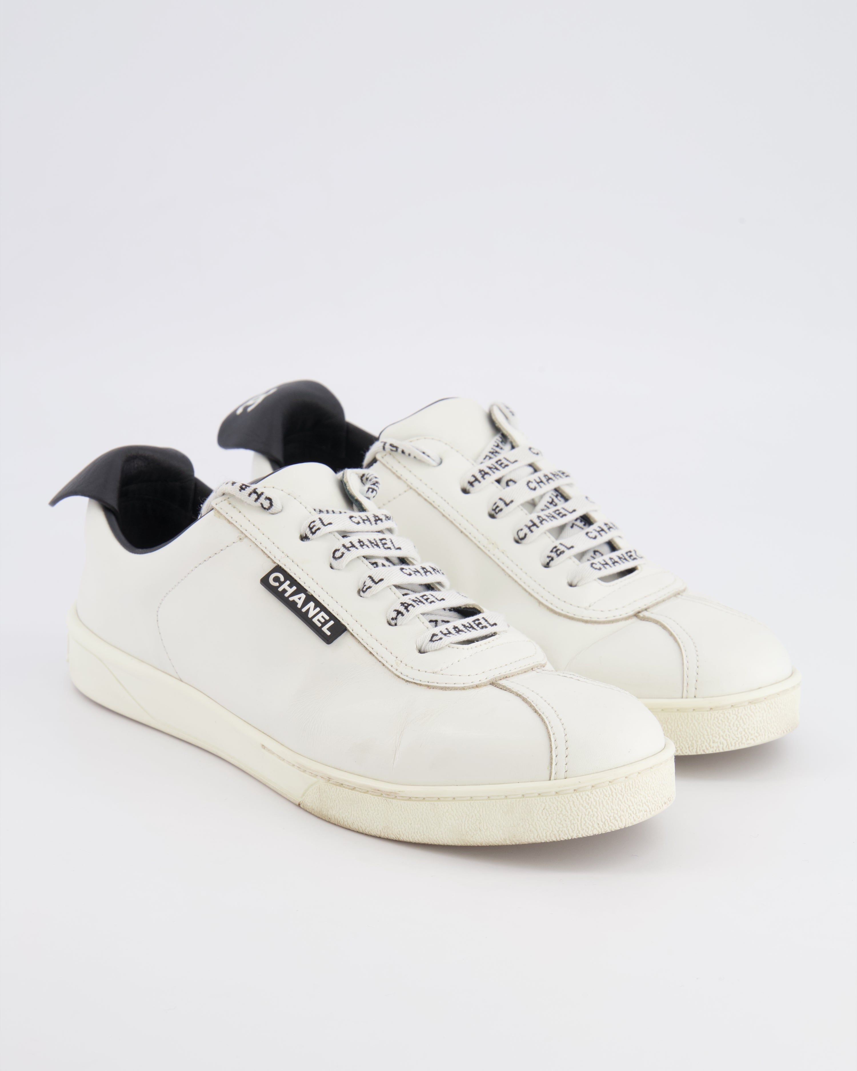 Chanel CC Logo Court Trainers in White Leather with Black Details and Back CC Logo Size EU 37.5