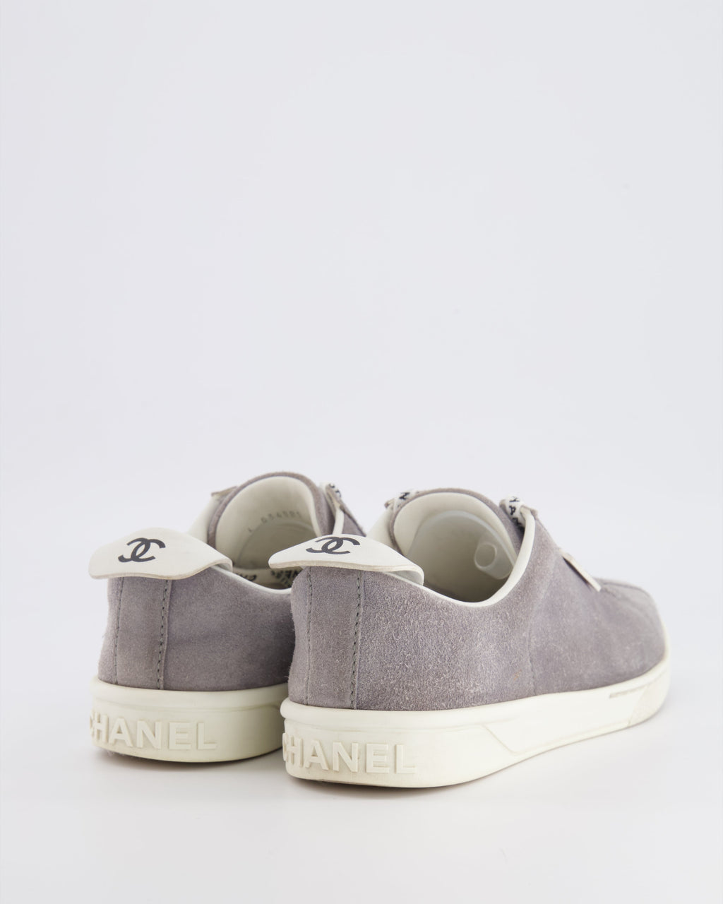 Chanel CC Logo Court Trainers in Grey Suede with White Soles and Black CC Logo Detail Size EU 37.5