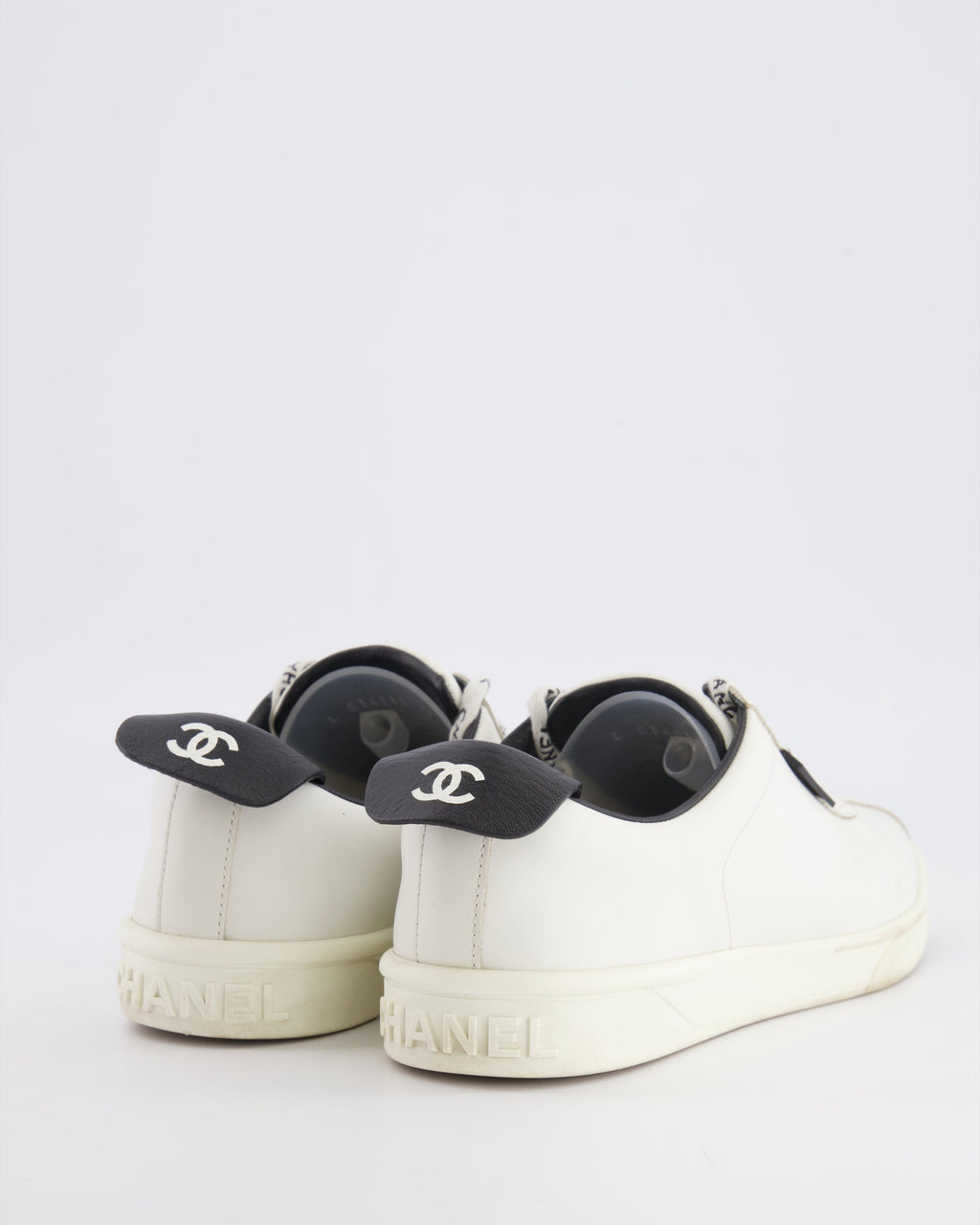 Chanel CC Logo Court Trainers in White Leather with Black Details and Back CC Logo Size EU 37.5
