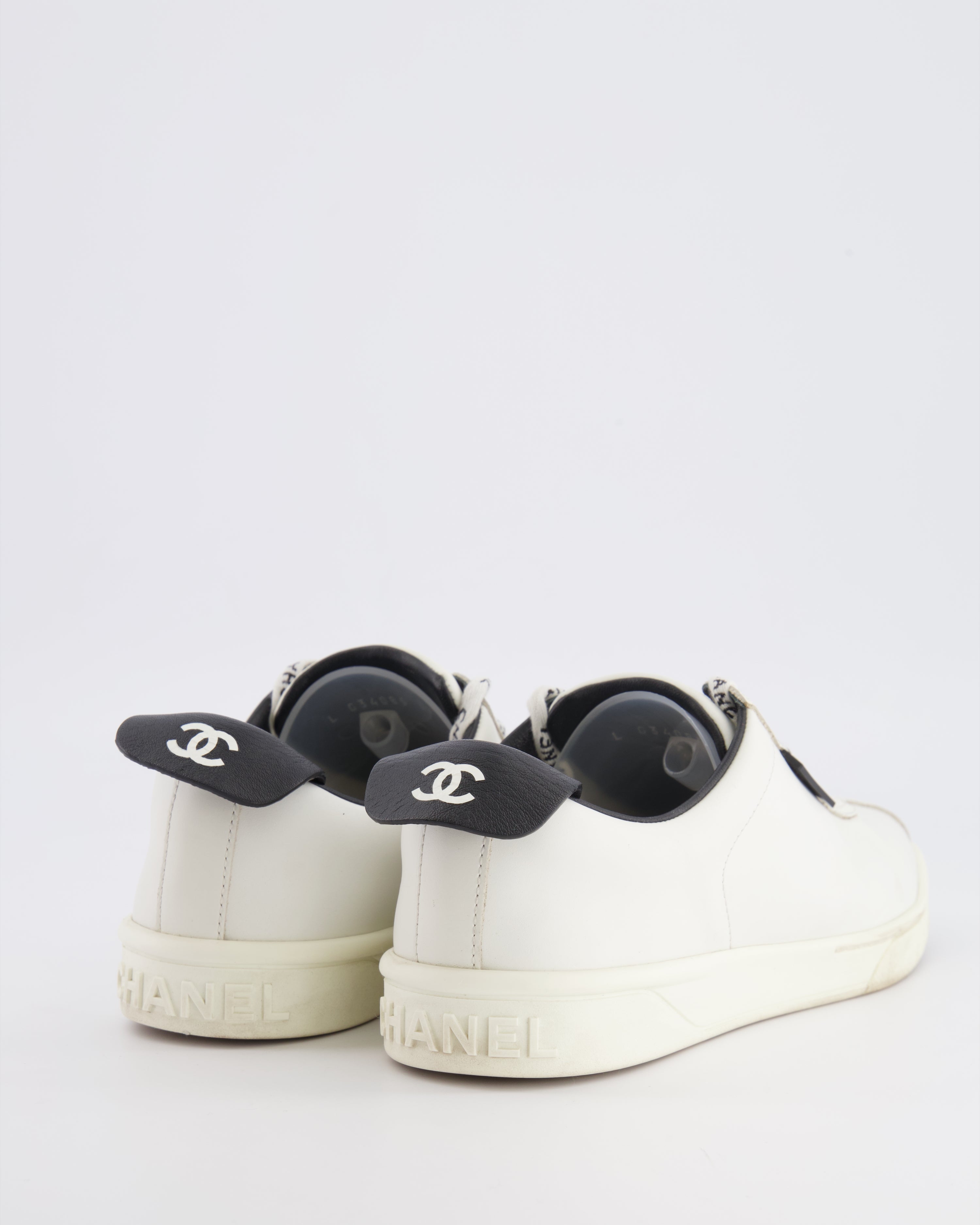 Chanel CC Logo Court Trainers in White Leather with Black Details and Back CC Logo Size EU 37.5