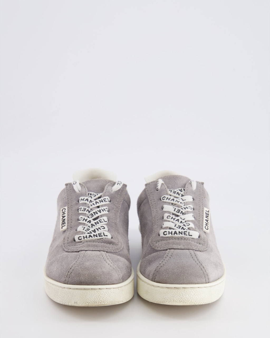 Chanel CC Logo Court Trainers in Grey Suede with White Soles and Black CC Logo Detail Size EU 37.5
