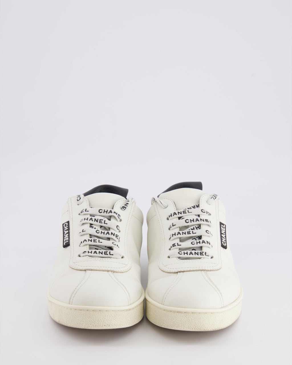 Chanel CC Logo Court Trainers in White Leather with Black Details and Back CC Logo Size EU 37.5
