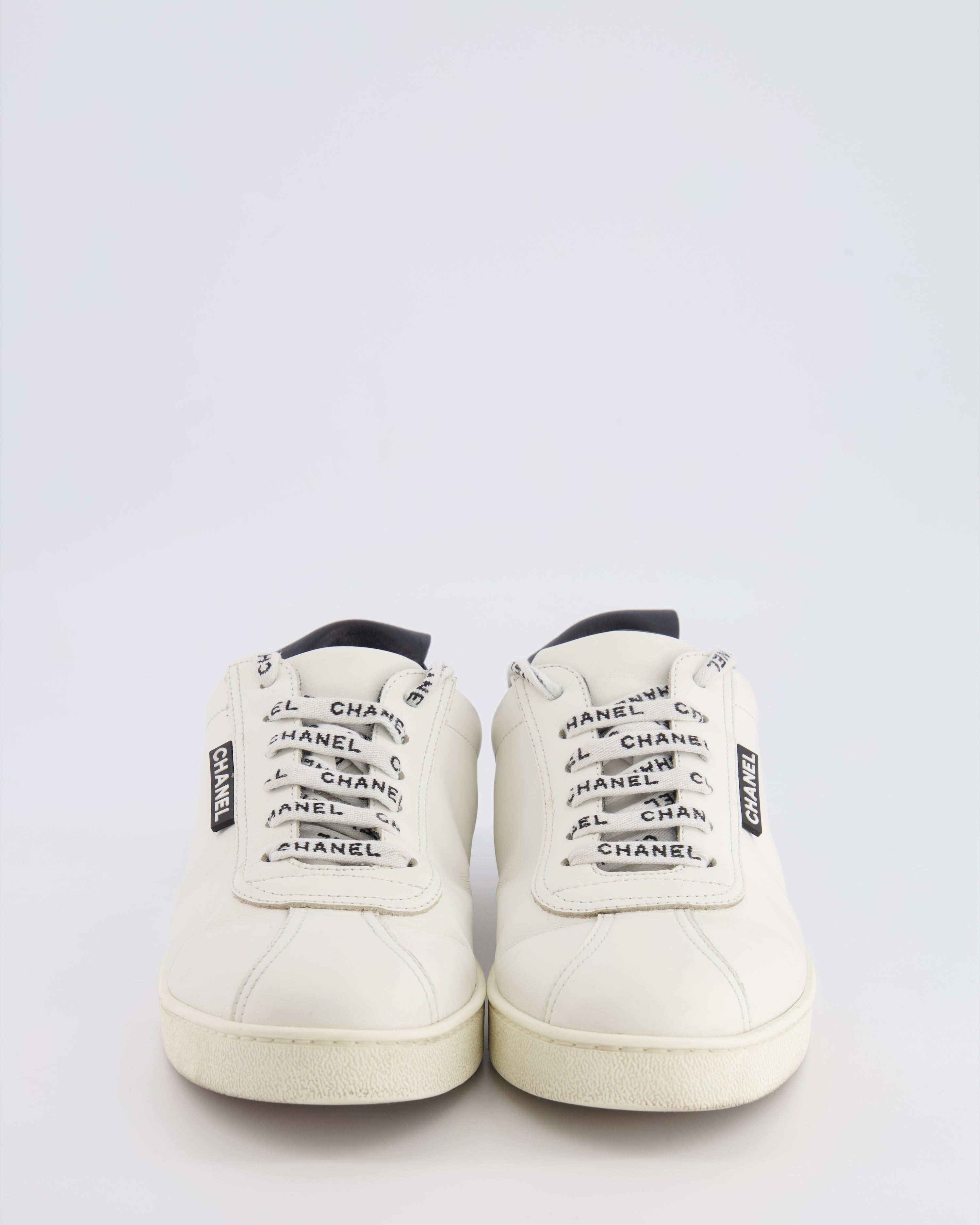 Chanel CC Logo Court Trainers in White Leather with Black Details and Back CC Logo Size EU 37.5