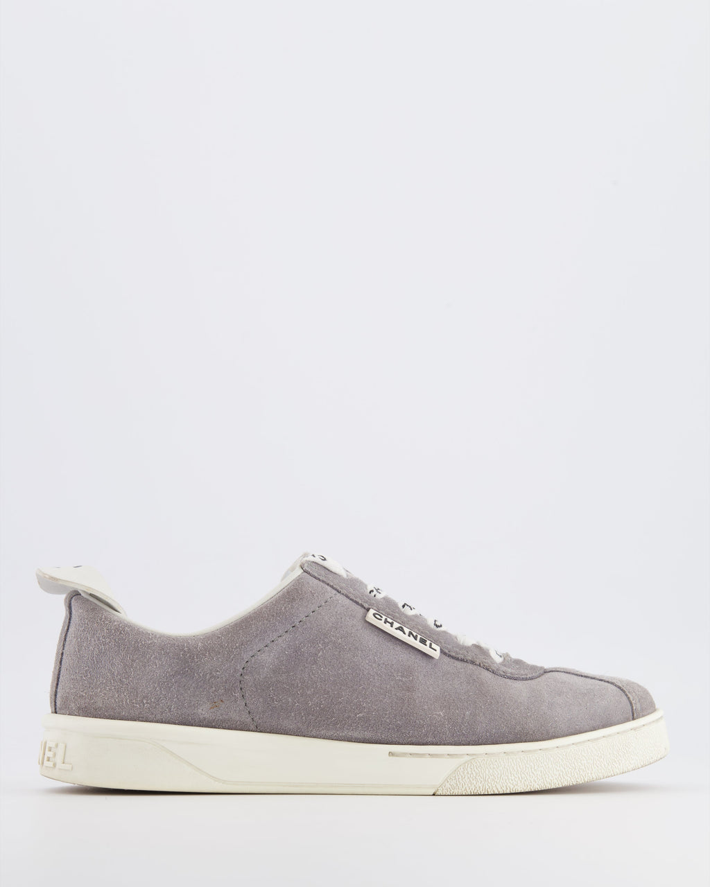 Chanel CC Logo Court Trainers in Grey Suede with White Soles and Black CC Logo Detail Size EU 37.5