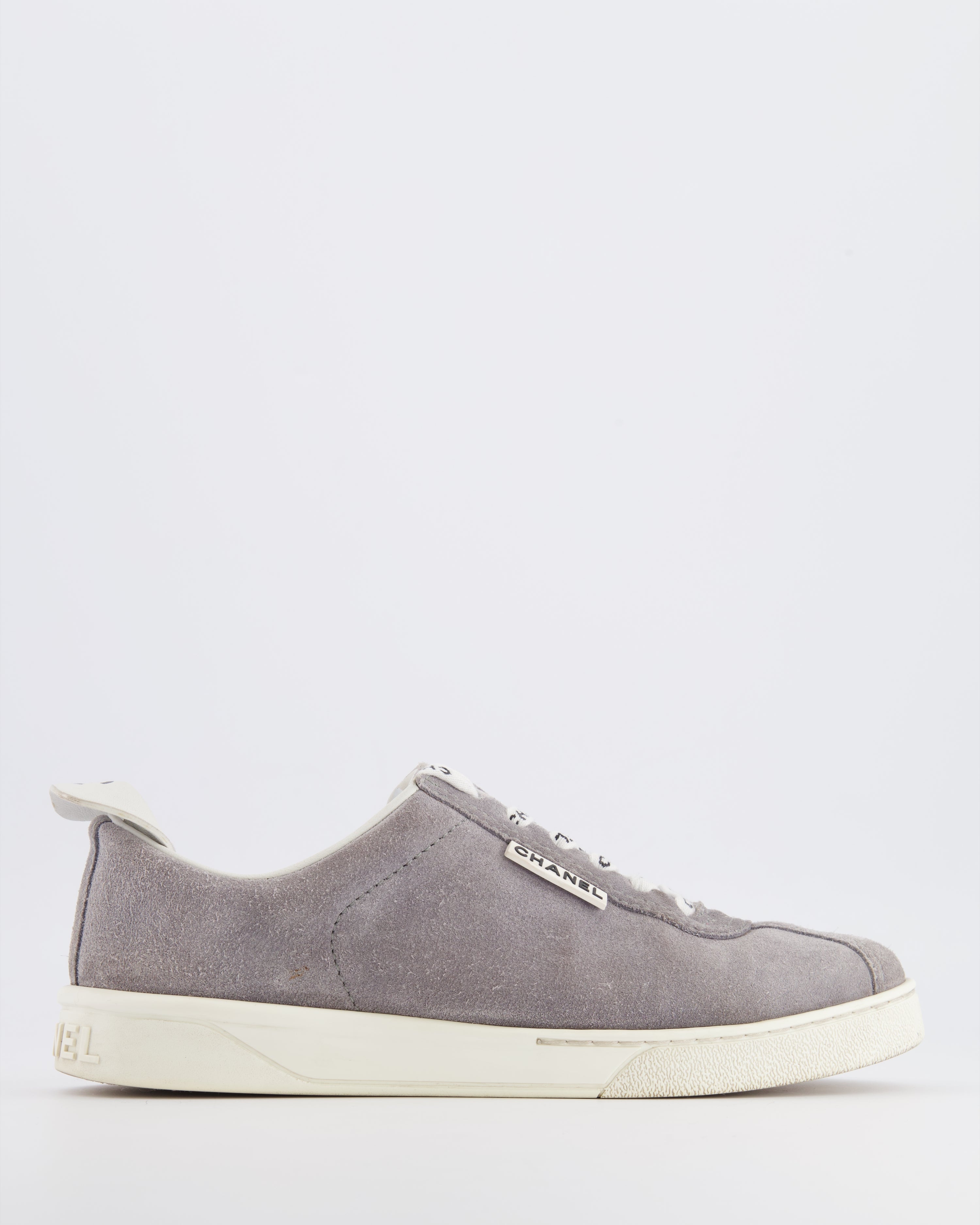 Chanel CC Logo Court Trainers in Grey Suede with White Soles and Black CC Logo Detail Size EU 37.5