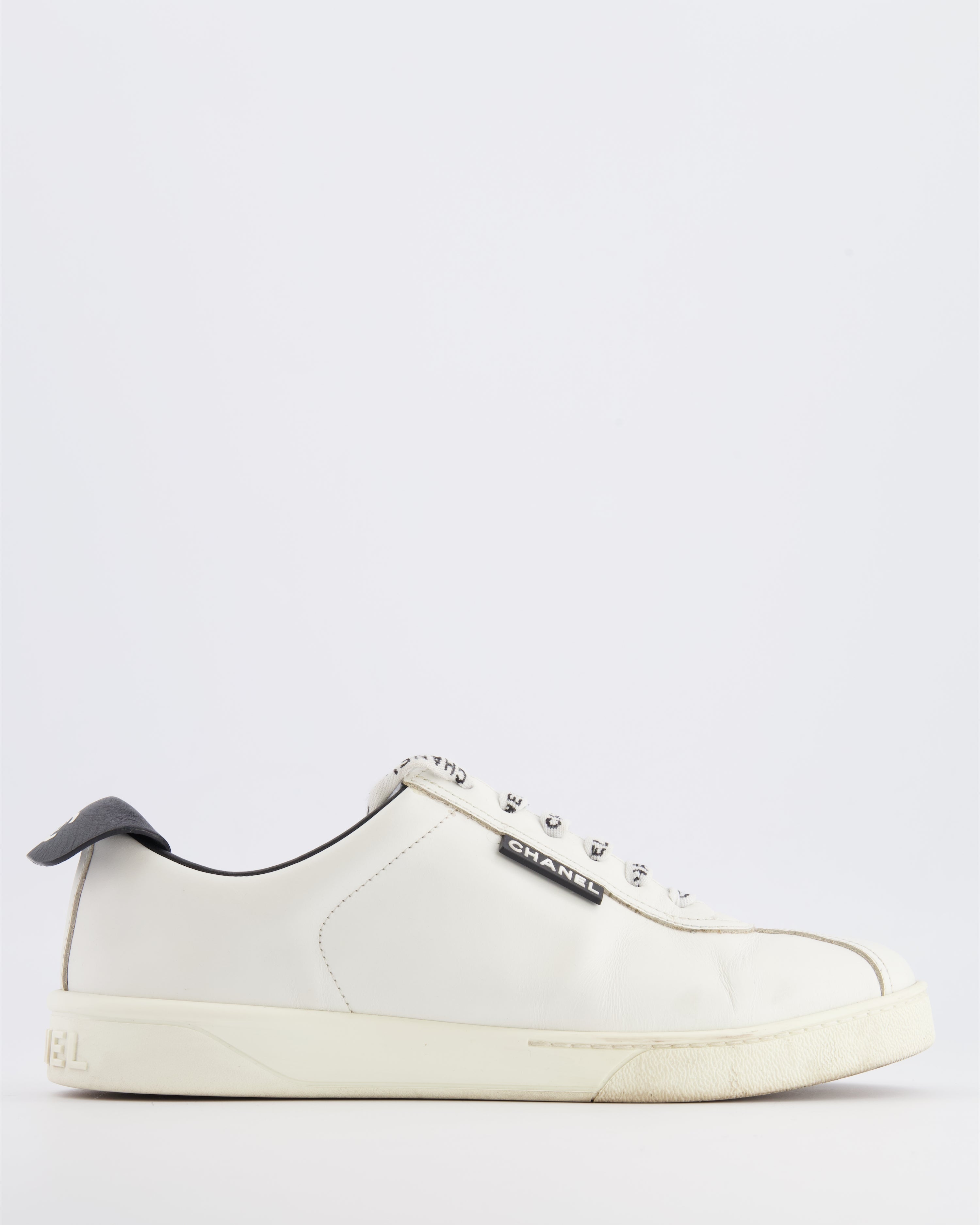 Chanel CC Logo Court Trainers in White Leather with Black Details and Back CC Logo Size EU 37.5
