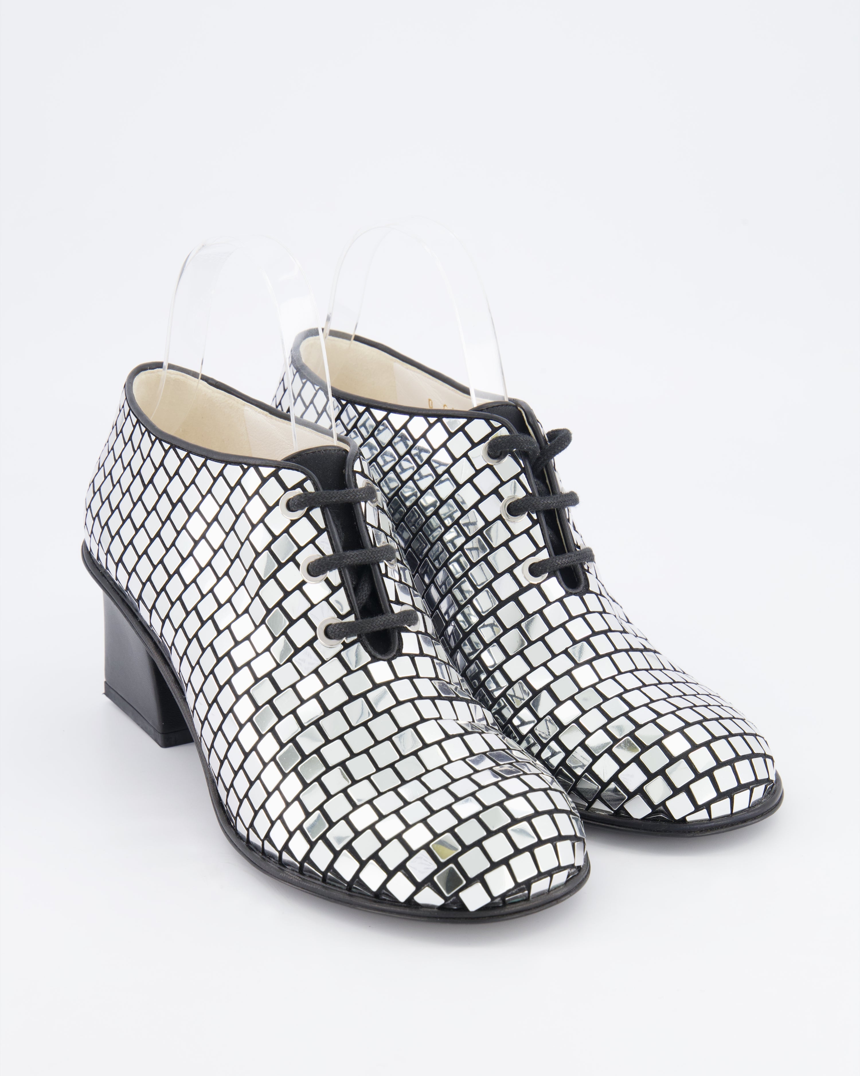 Chanel Resort 2024 Runway Silver Mirror Facets Lace-Up Heeled Boots with Gold CC Logo Detail Size EU 38C RRP £1,900