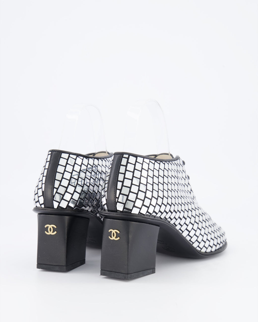 Chanel Resort 2024 Runway Silver Mirror Facets Lace-Up Heeled Boots with Gold CC Logo Detail Size EU 38C RRP £1,900
