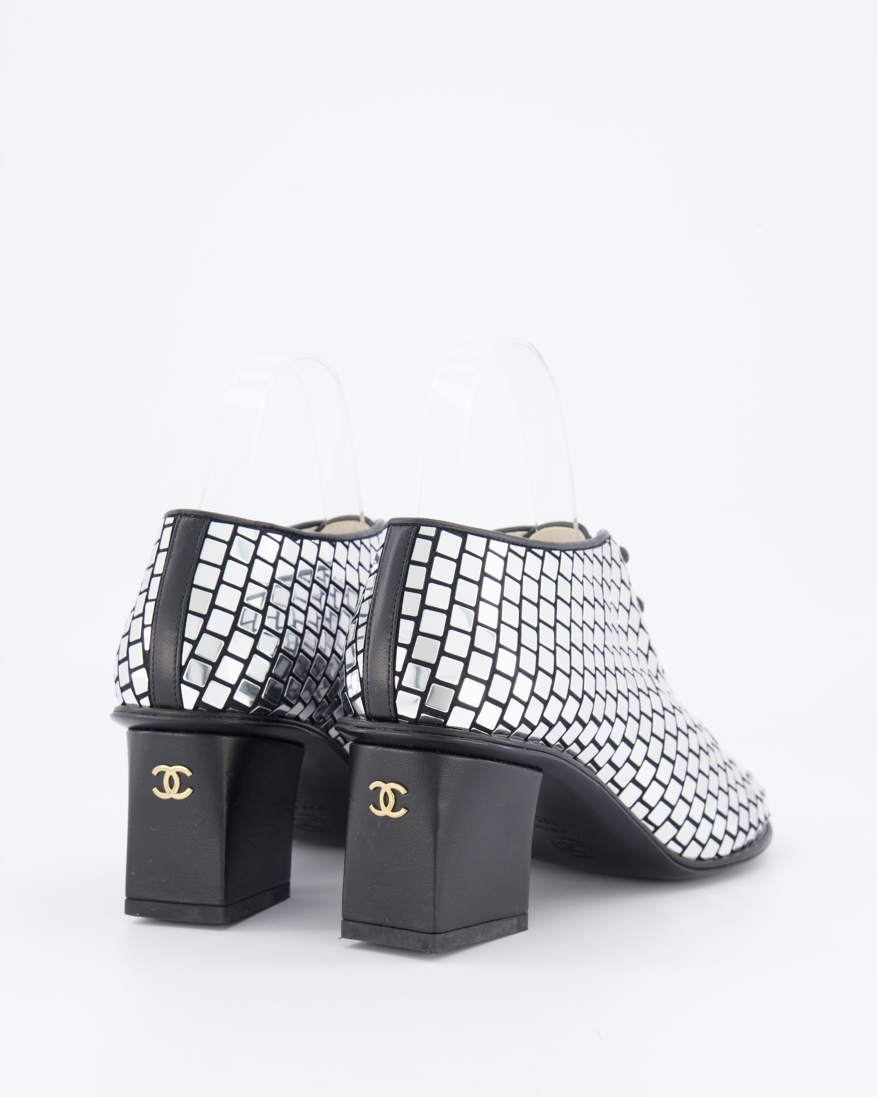 Chanel Resort 2024 Runway Silver Mirror Facets Lace-Up Heeled Boots with Gold CC Logo Detail Size EU 38C RRP £1,900