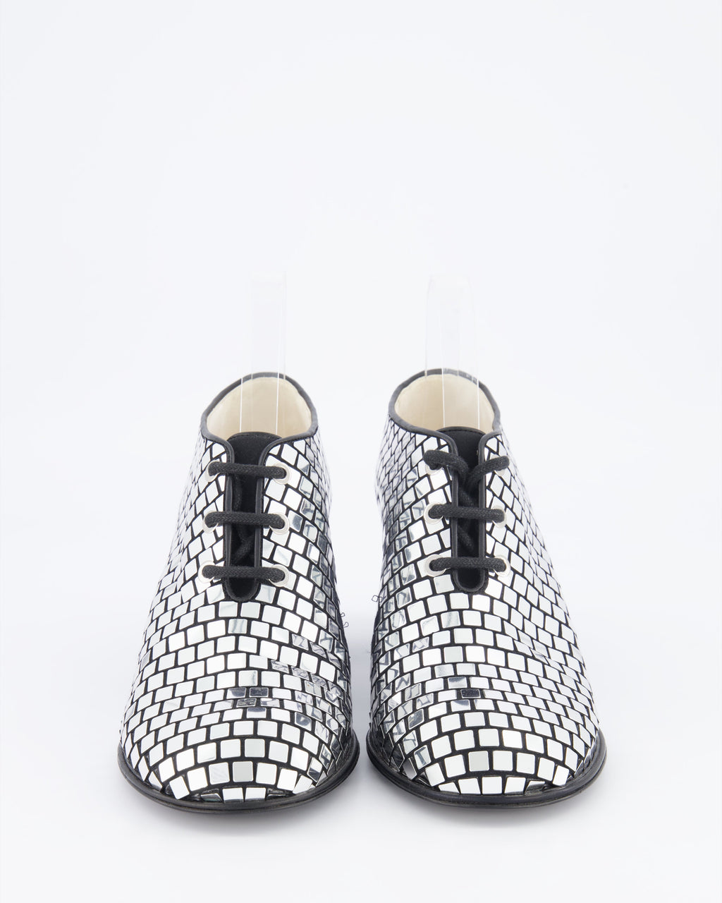 Chanel Resort 2024 Runway Silver Mirror Facets Lace-Up Heeled Boots with Gold CC Logo Detail Size EU 38C RRP £1,900