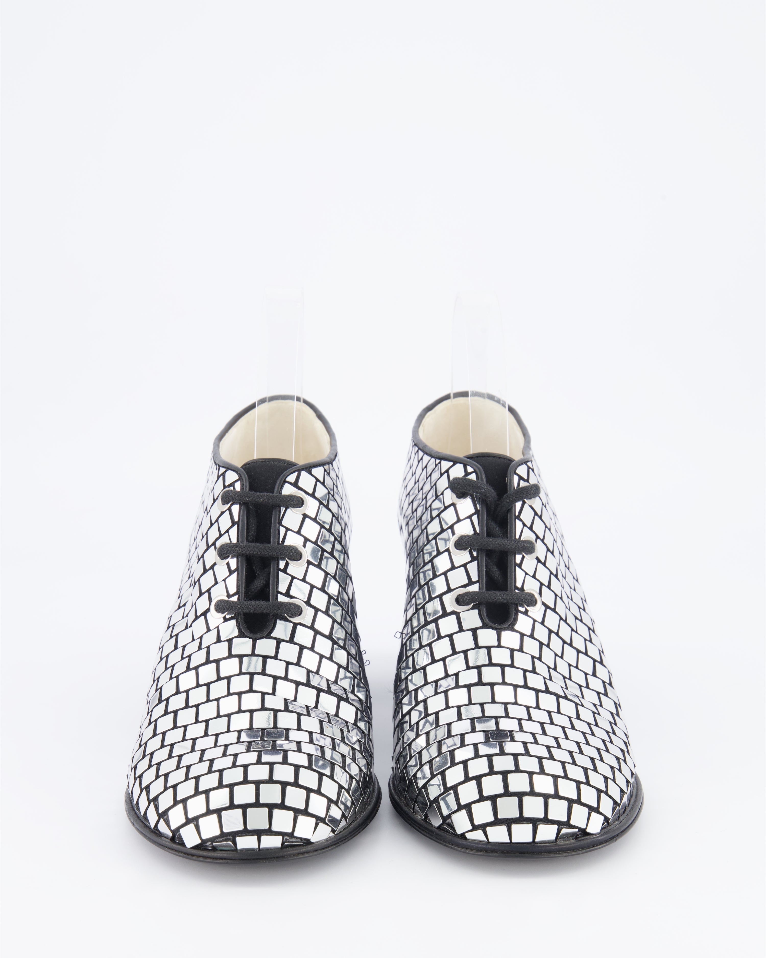 Chanel Resort 2024 Runway Silver Mirror Facets Lace-Up Heeled Boots with Gold CC Logo Detail Size EU 38C RRP £1,900