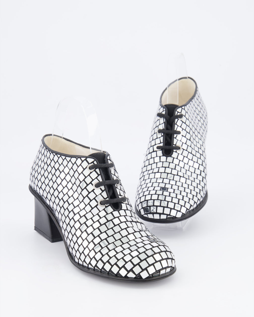 Chanel Resort 2024 Runway Silver Mirror Facets Lace-Up Heeled Boots with Gold CC Logo Detail Size EU 38C RRP £1,900