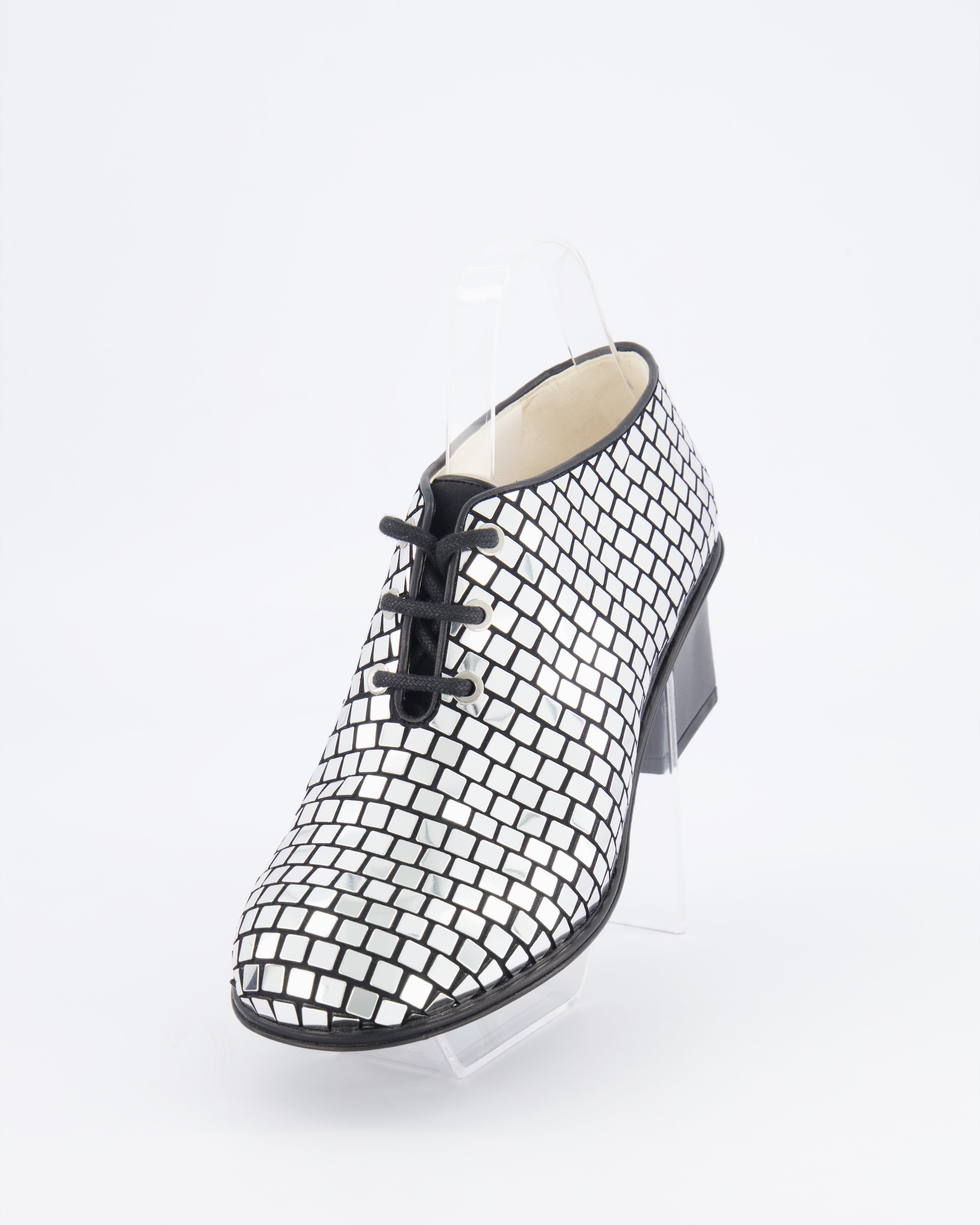Chanel Resort 2024 Runway Silver Mirror Facets Lace-Up Heeled Boots with Gold CC Logo Detail Size EU 38C RRP £1,900