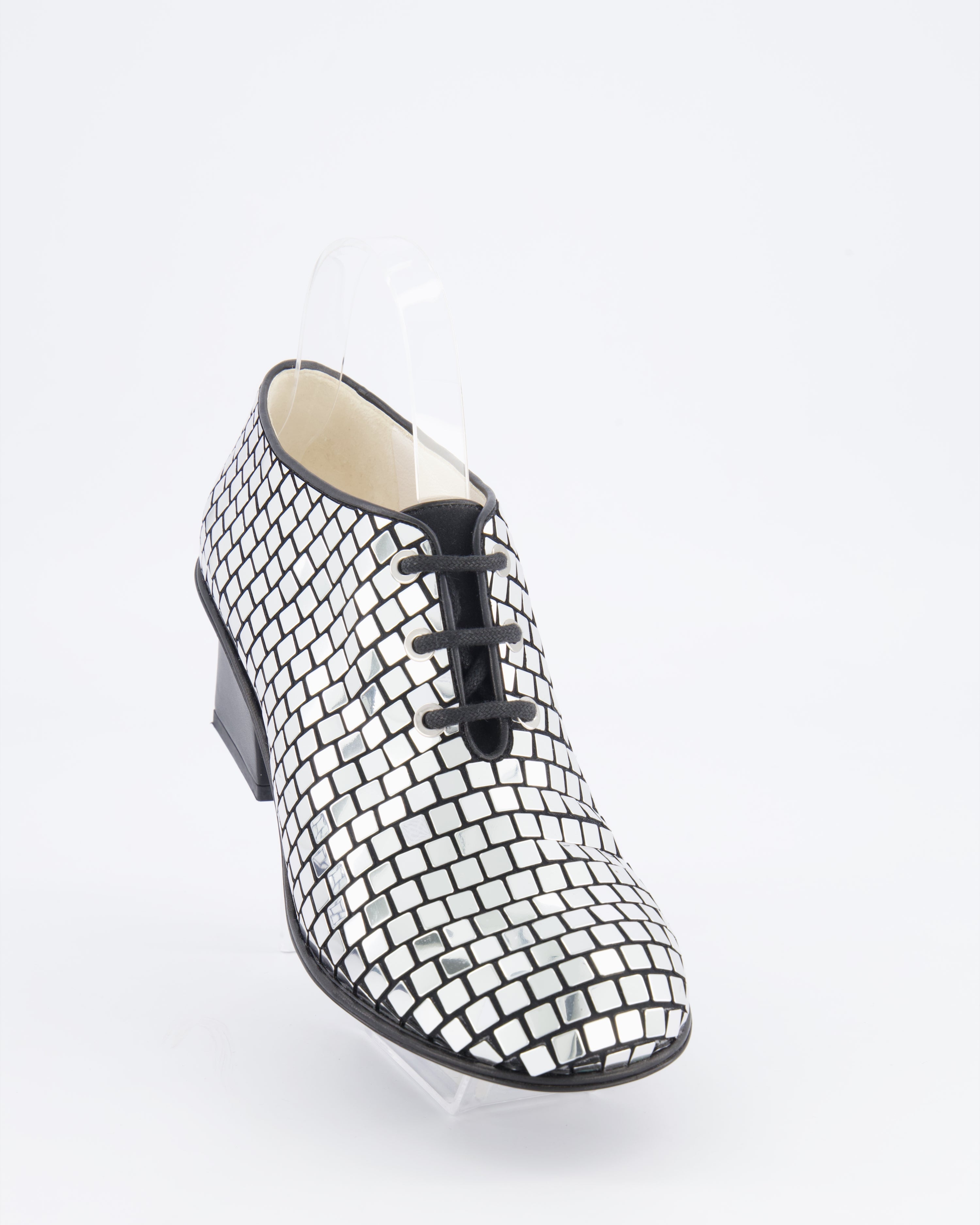 Chanel Resort 2024 Runway Silver Mirror Facets Lace-Up Heeled Boots with Gold CC Logo Detail Size EU 38C RRP £1,900