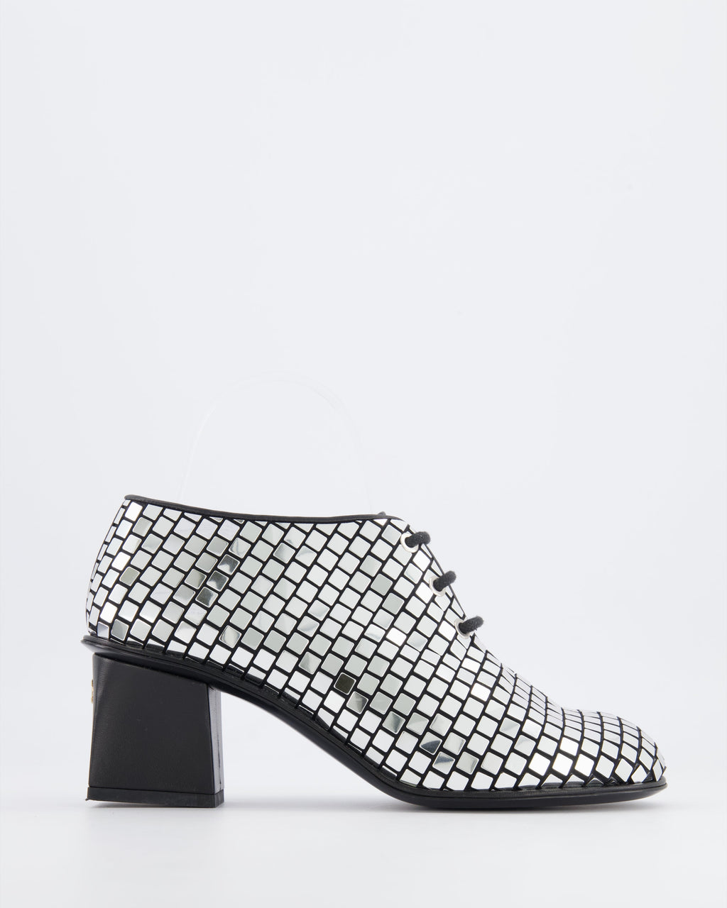 Chanel Resort 2024 Runway Silver Mirror Facets Lace-Up Heeled Boots with Gold CC Logo Detail Size EU 38C RRP £1,900