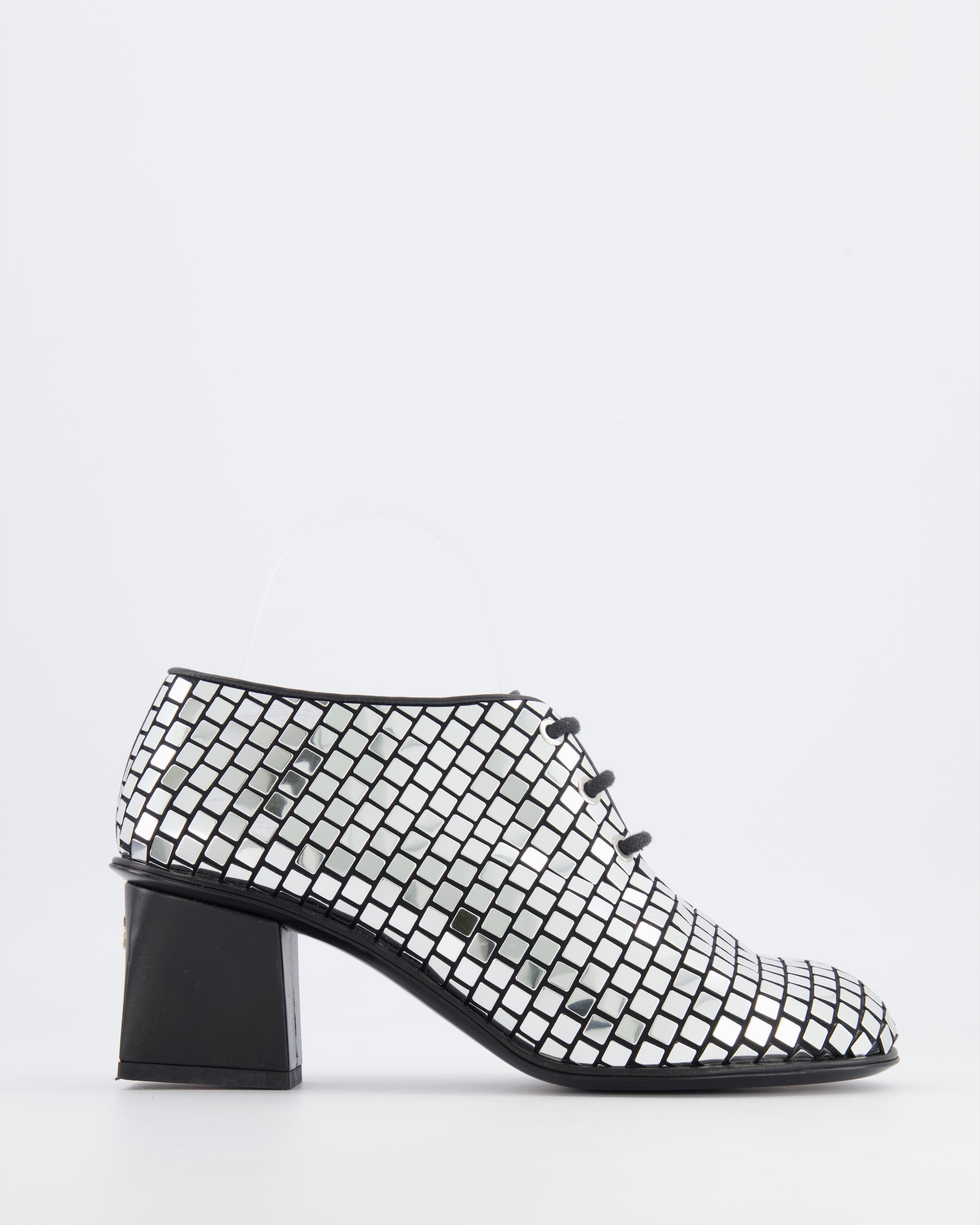Chanel Resort 2024 Runway Silver Mirror Facets Lace-Up Heeled Boots with Gold CC Logo Detail Size EU 38C RRP £1,900