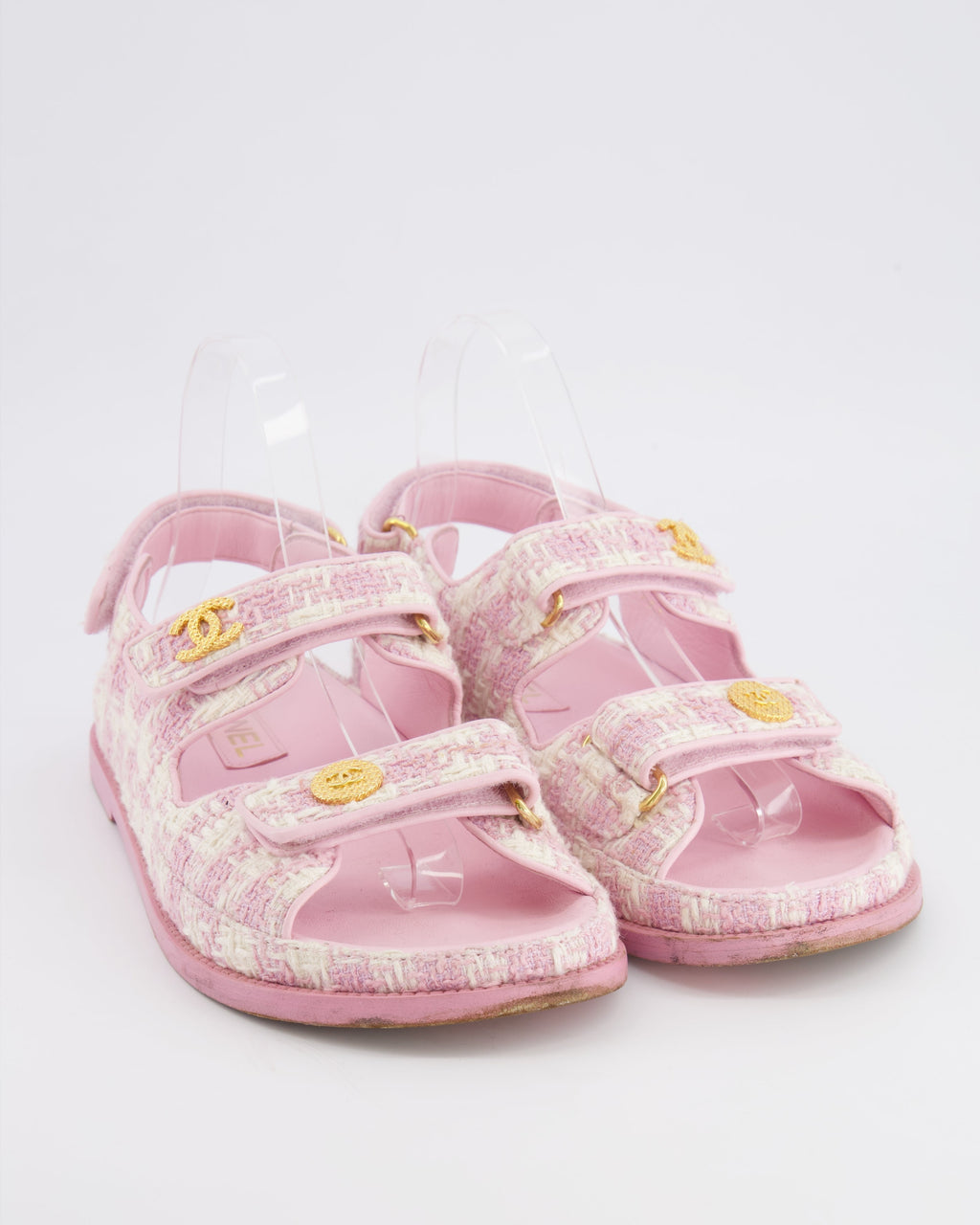 Chanel Pink and Cream Tweed Dad Sandals with Textured Gold GG Logo Details Size EU 38.5C RRP £1,400