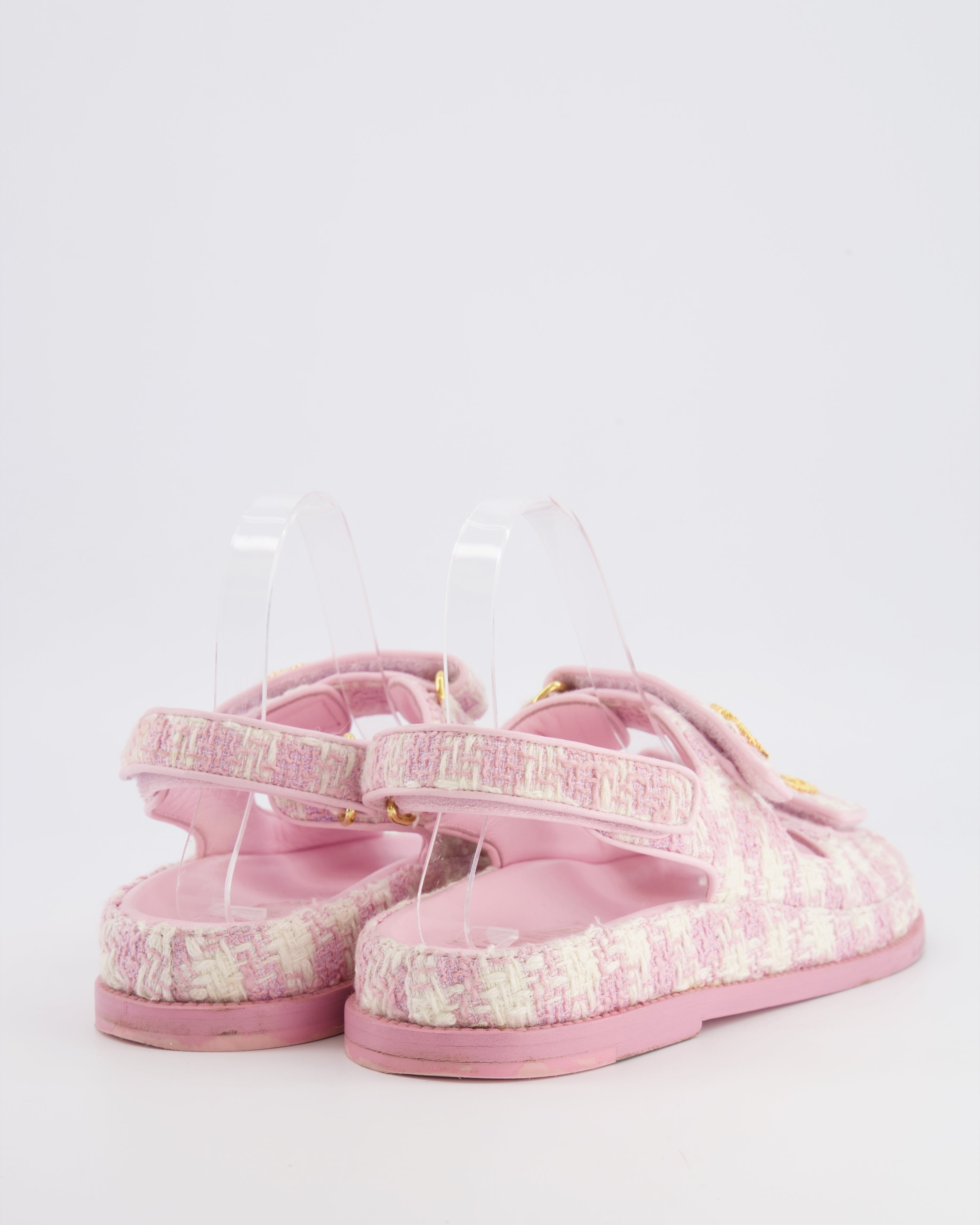 Chanel Pink and Cream Tweed Dad Sandals with Textured Gold GG Logo Details Size EU 38.5C RRP £1,400