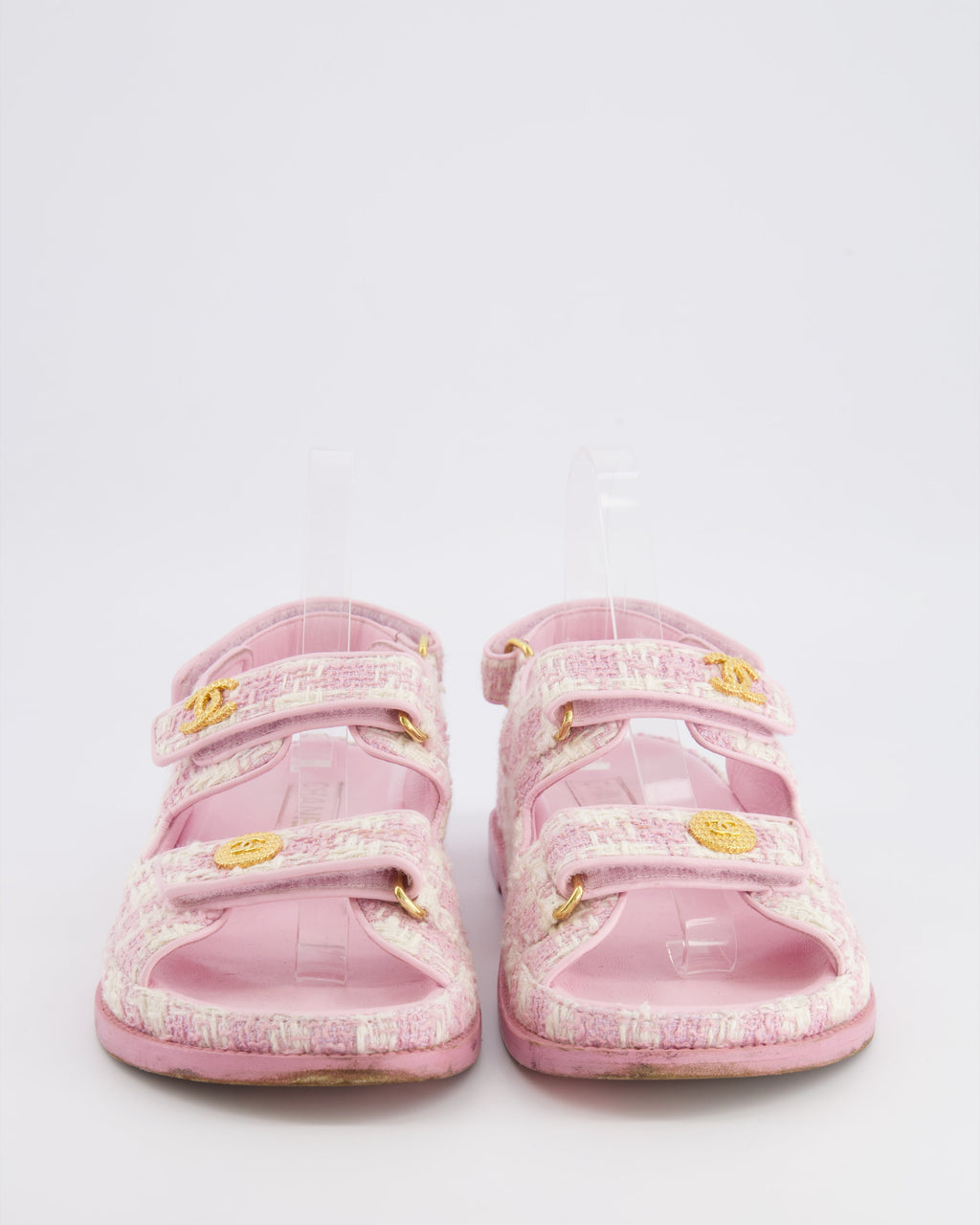 Chanel Pink and Cream Tweed Dad Sandals with Textured Gold GG Logo Details Size EU 38.5C RRP £1,400