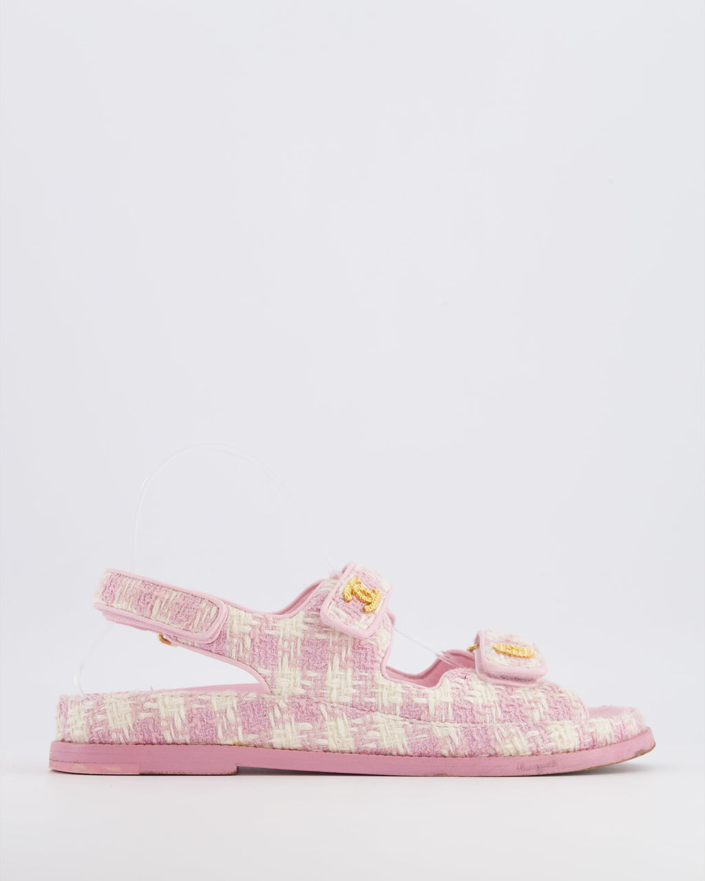 Chanel Pink and Cream Tweed Dad Sandals with Textured Gold GG Logo Details Size EU 38.5C RRP £1,400
